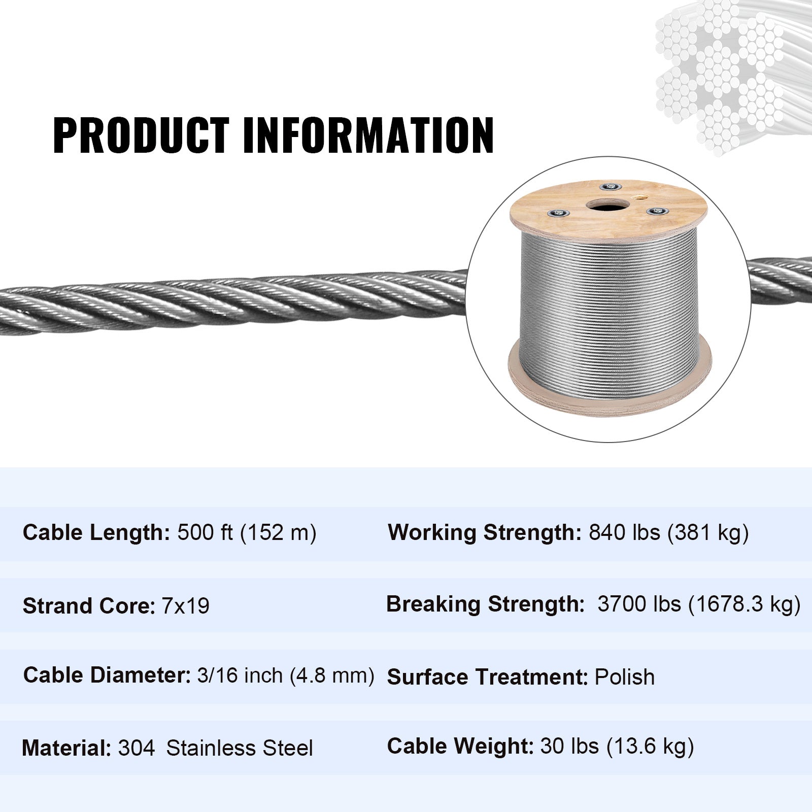 3/16 Inch 7x19 Stainless Steel Aircraft Cable Reel 500FT Stainless Steel Cable T304 Wire Rope Winch Cable Replacement (T304)