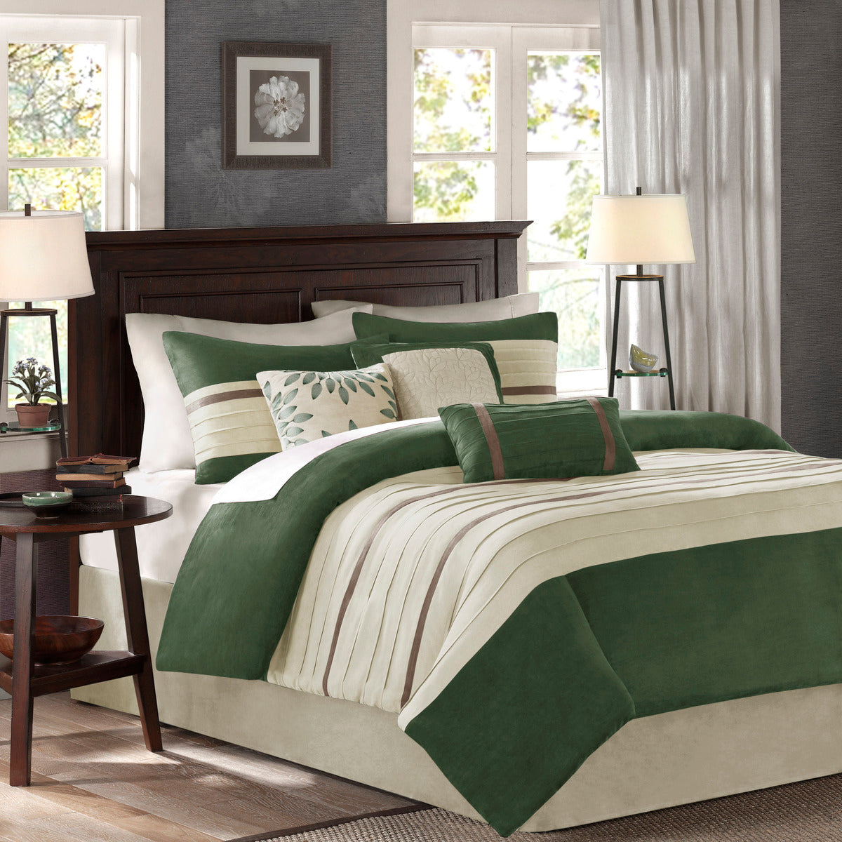 7 PC Pieced Faux Suede Comforter Set Green King