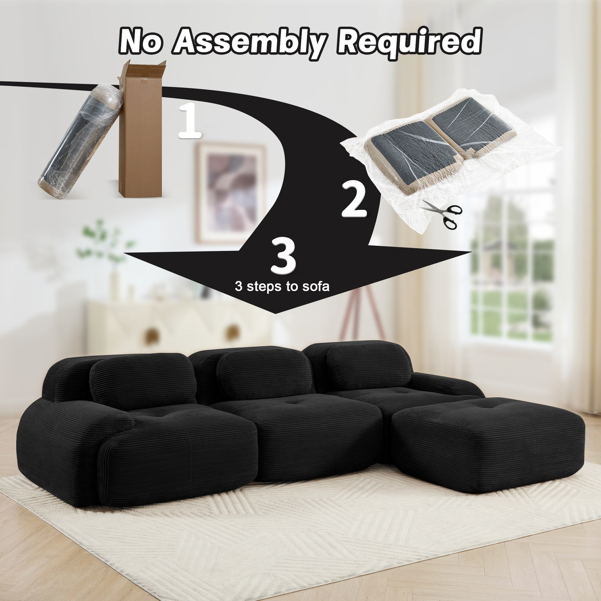 L-shaped modular sofa no assembly ergonomic design pet-friendly luxuryCorduroy Fabric fabric extra-wide curved armrests 32D high-resilience sponge for living rooms bedroom ,Black