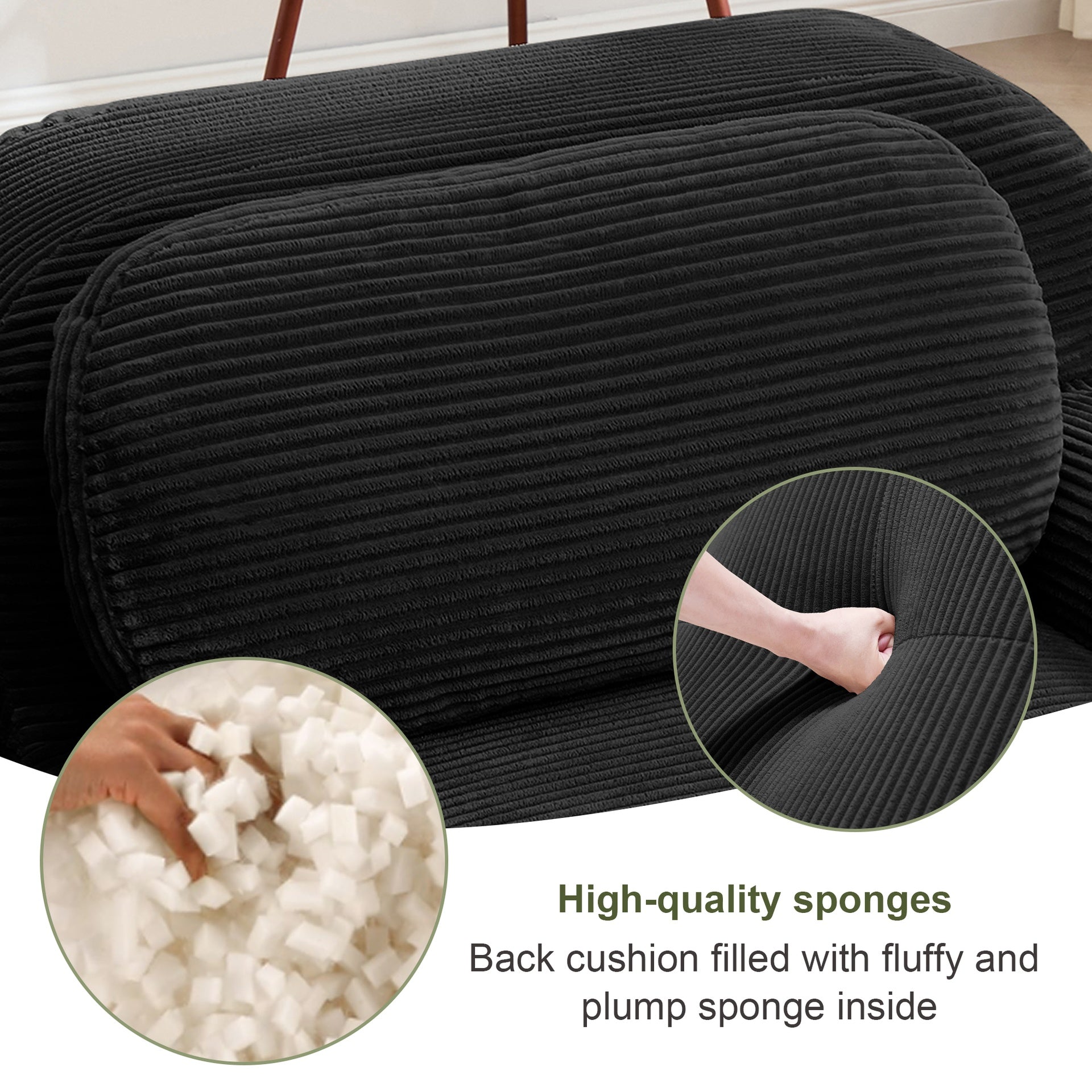 L-shaped modular sofa no assembly ergonomic design pet-friendly luxuryCorduroy Fabric fabric extra-wide curved armrests 32D high-resilience sponge for living rooms bedroom ,Black