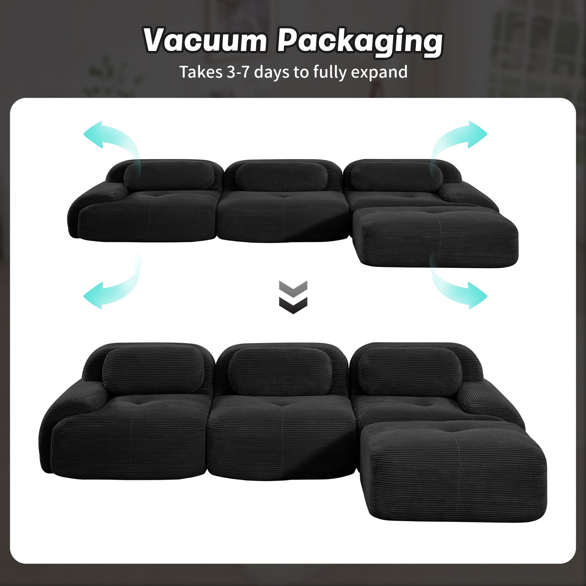 L-shaped modular sofa no assembly ergonomic design pet-friendly luxuryCorduroy Fabric fabric extra-wide curved armrests 32D high-resilience sponge for living rooms bedroom ,Black