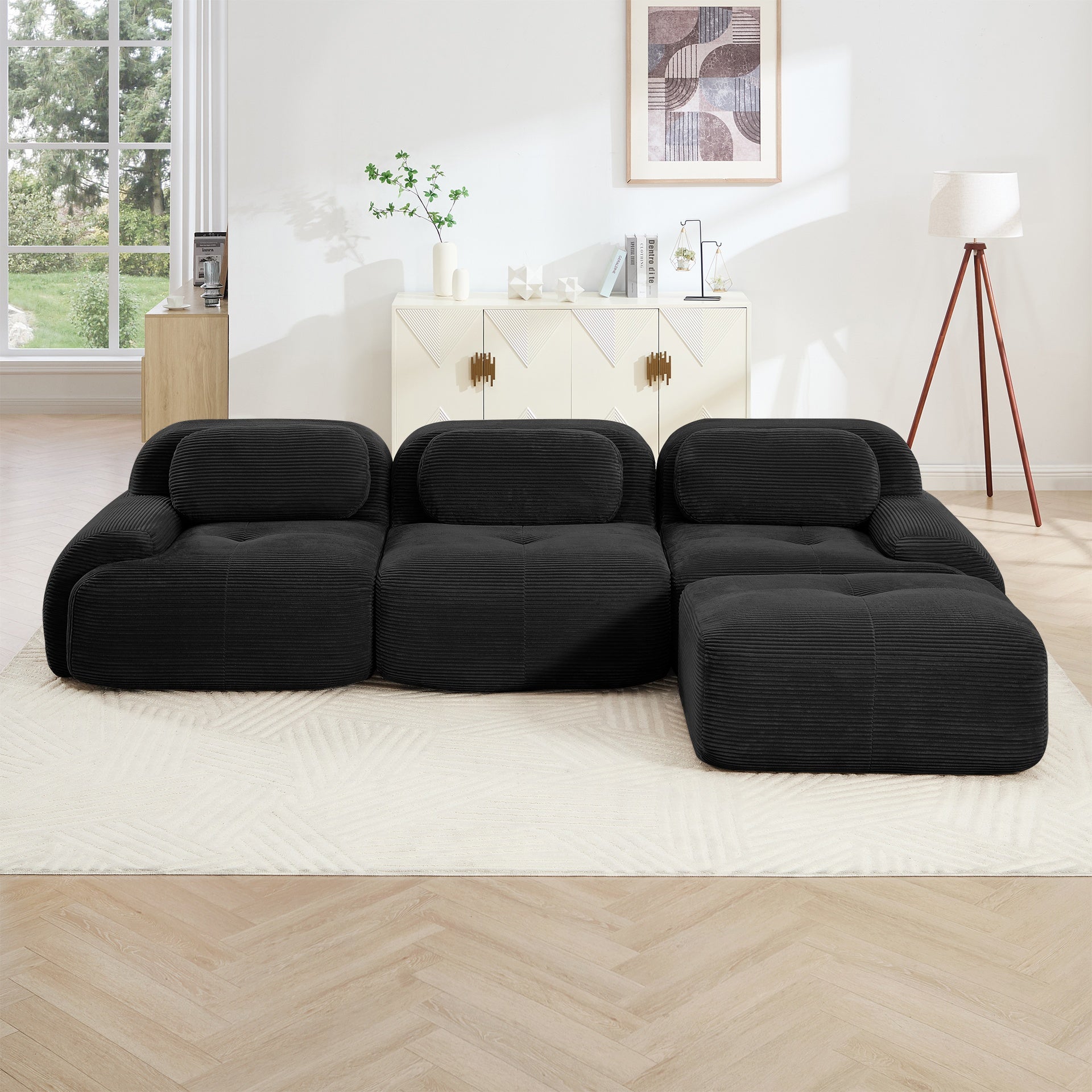 L-shaped modular sofa no assembly ergonomic design pet-friendly luxuryCorduroy Fabric fabric extra-wide curved armrests 32D high-resilience sponge for living rooms bedroom ,Black
