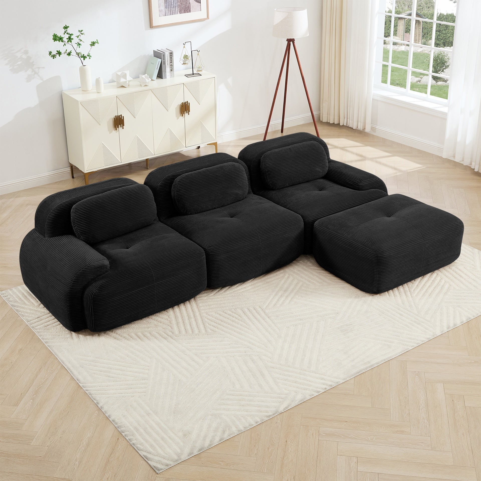 L-shaped modular sofa no assembly ergonomic design pet-friendly luxuryCorduroy Fabric fabric extra-wide curved armrests 32D high-resilience sponge for living rooms bedroom ,Black