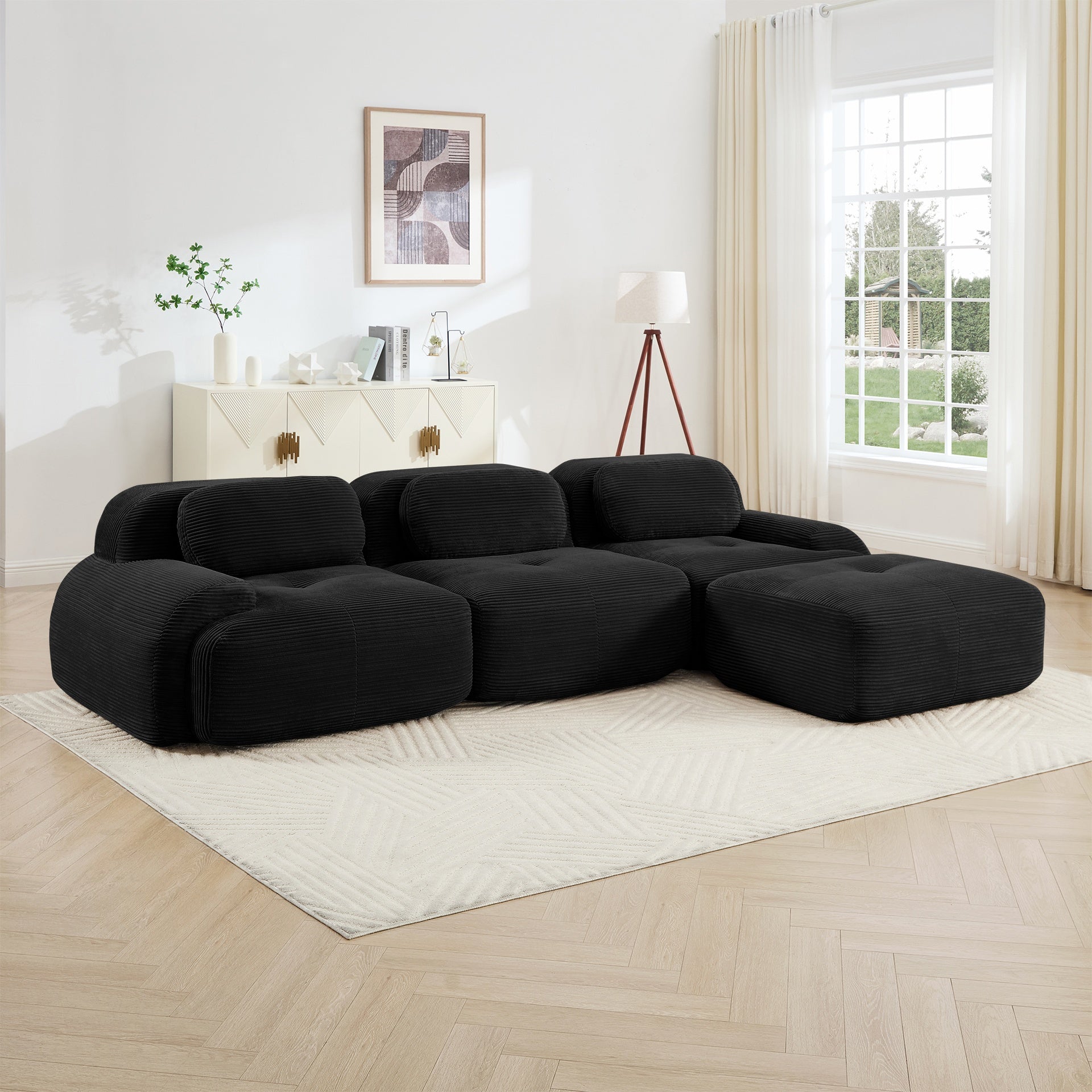 L-shaped modular sofa no assembly ergonomic design pet-friendly luxuryCorduroy Fabric fabric extra-wide curved armrests 32D high-resilience sponge for living rooms bedroom ,Black