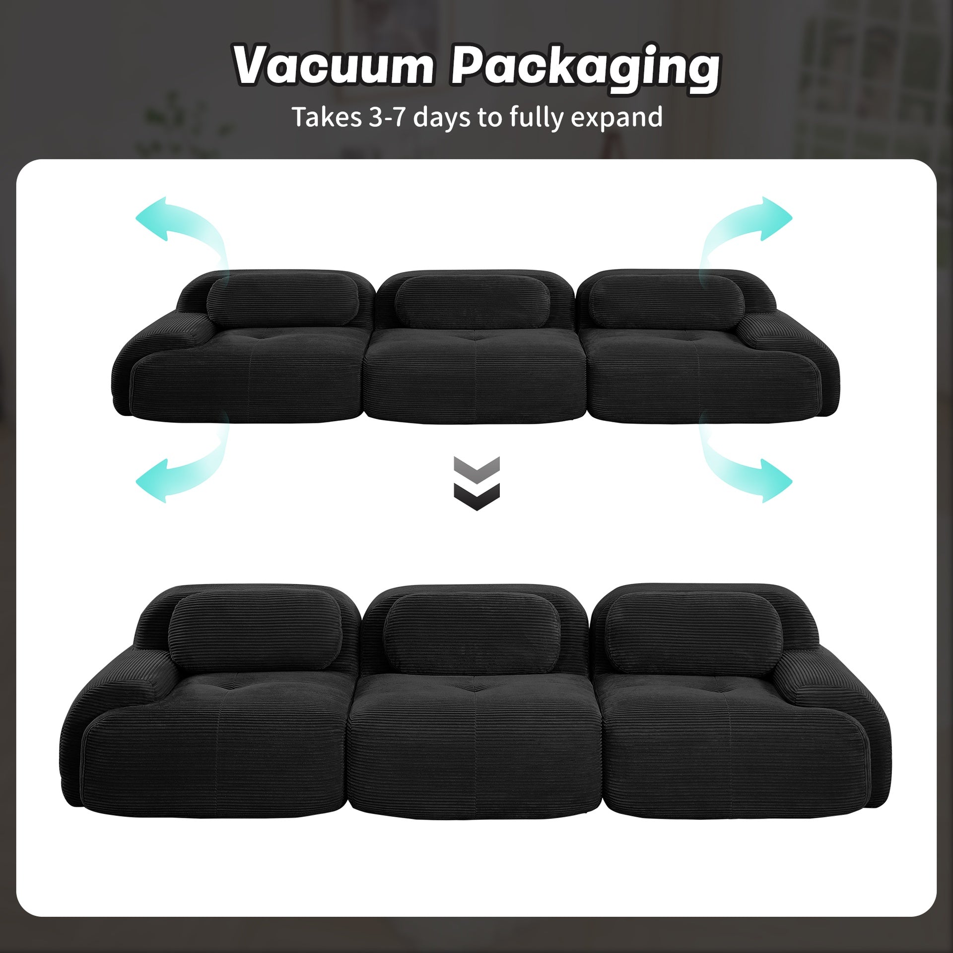 3-seat sofa premiumCorduroy Fabric fabric modular multi-combination anti-slip design no assembly curved armrests ergonomic support high-resilience sponge for living rooms bedrooms,Black