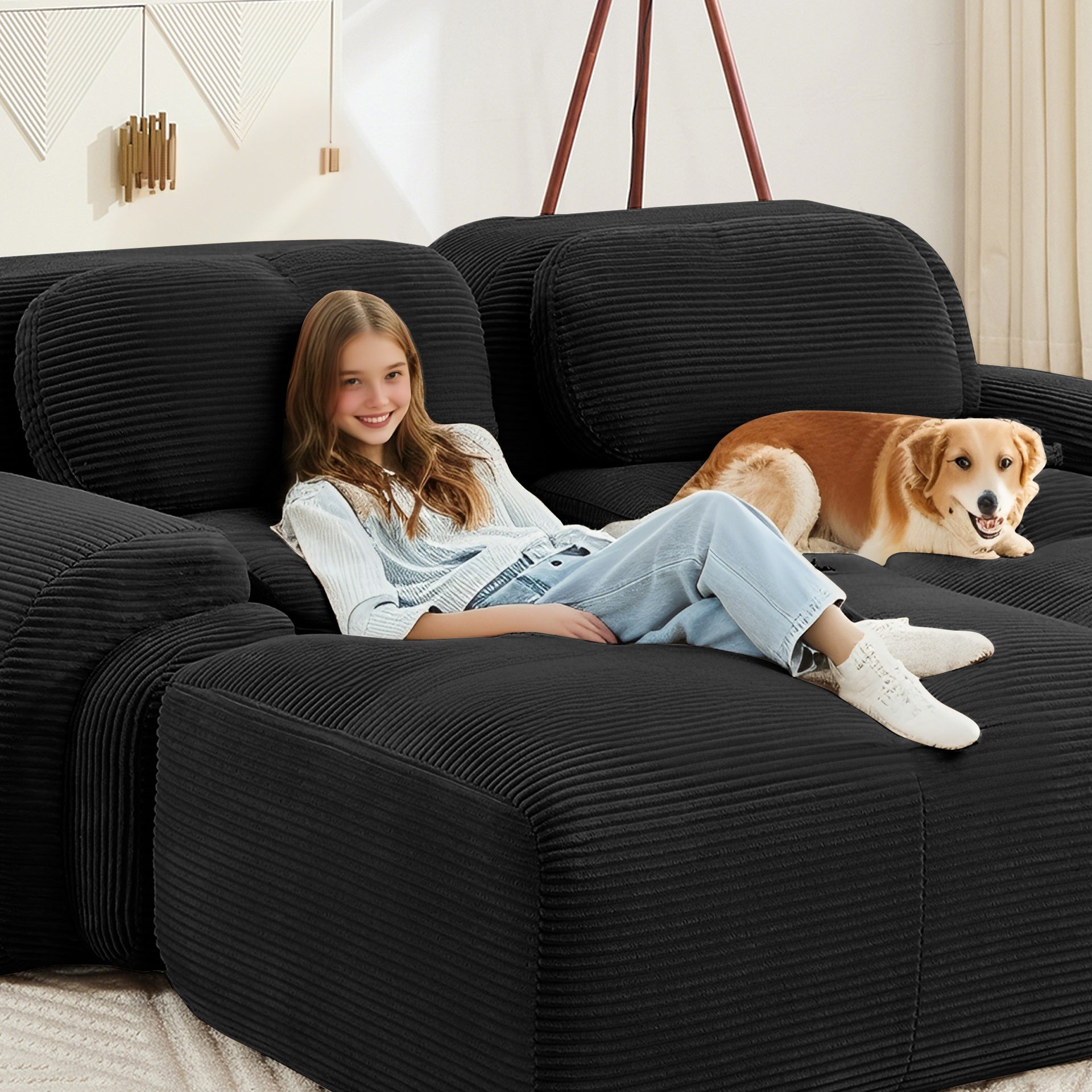 3-seat sofa premiumCorduroy Fabric fabric modular multi-combination anti-slip design no assembly curved armrests ergonomic support high-resilience sponge for living rooms bedrooms,Black