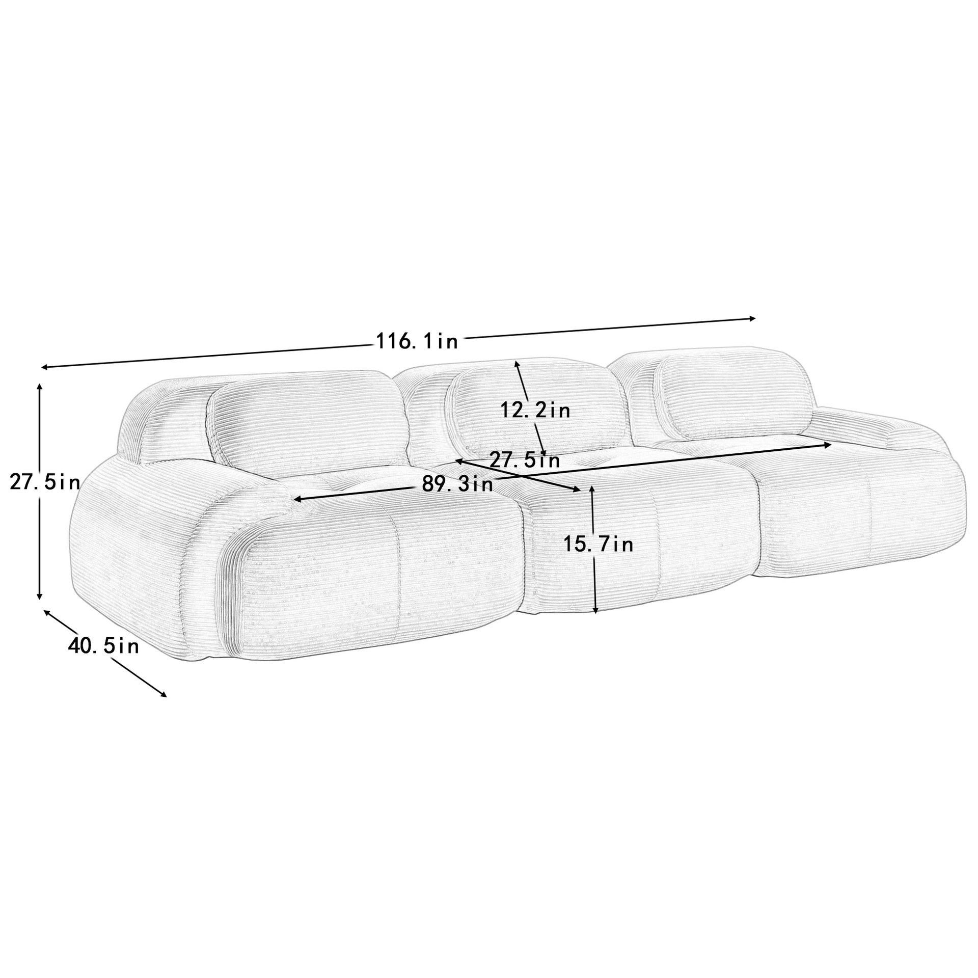 3-seat sofa premiumCorduroy Fabric fabric modular multi-combination anti-slip design no assembly curved armrests ergonomic support high-resilience sponge for living rooms bedrooms,Black