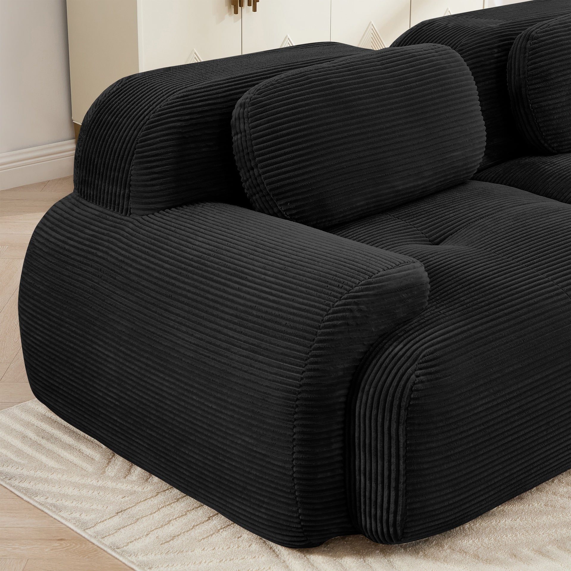 3-seat sofa premiumCorduroy Fabric fabric modular multi-combination anti-slip design no assembly curved armrests ergonomic support high-resilience sponge for living rooms bedrooms,Black