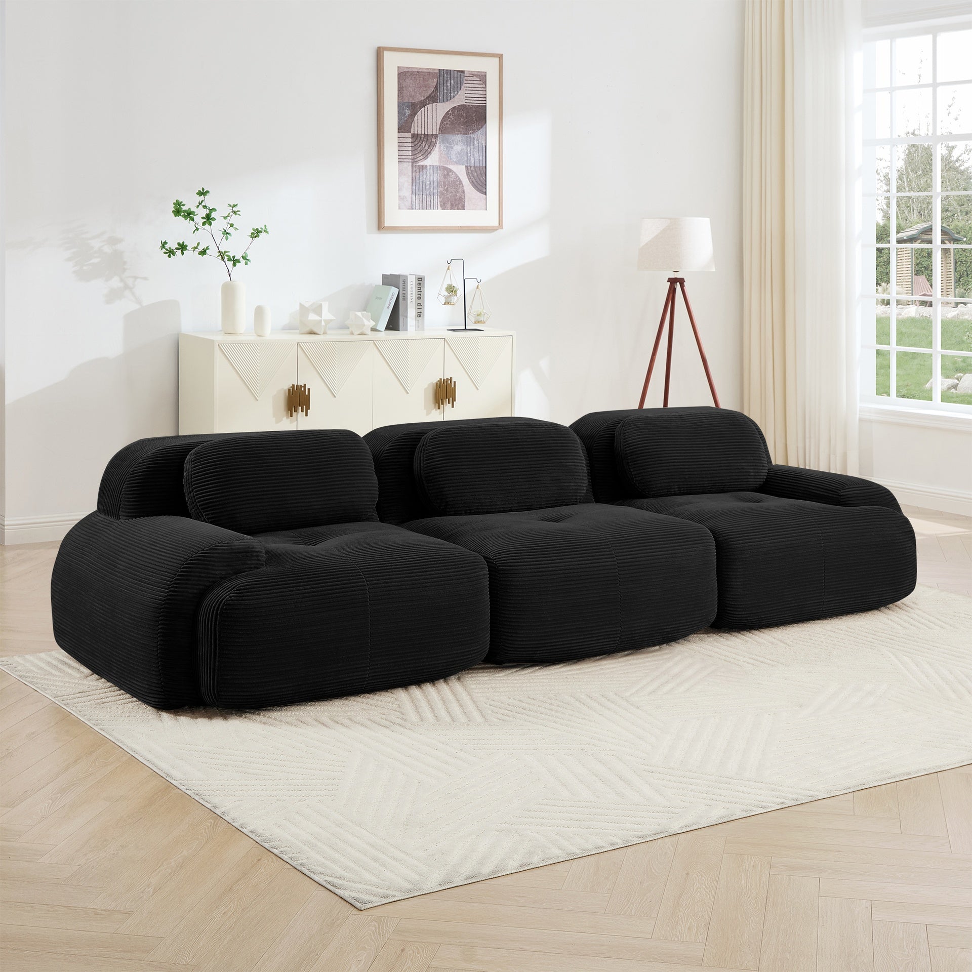 3-seat sofa premiumCorduroy Fabric fabric modular multi-combination anti-slip design no assembly curved armrests ergonomic support high-resilience sponge for living rooms bedrooms,Black