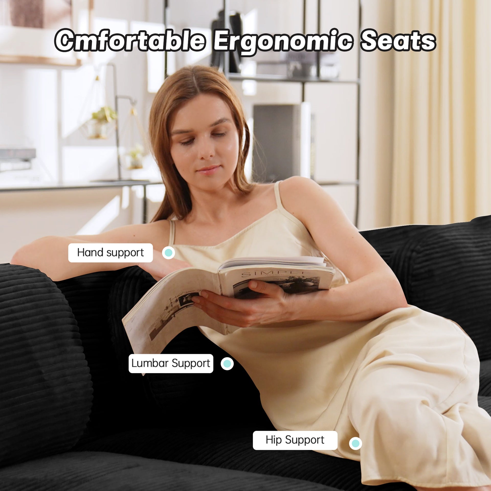 3-seat sofa premiumCorduroy Fabric fabric modular multi-combination anti-slip design no assembly curved armrests ergonomic support high-resilience sponge for living rooms bedrooms,Black