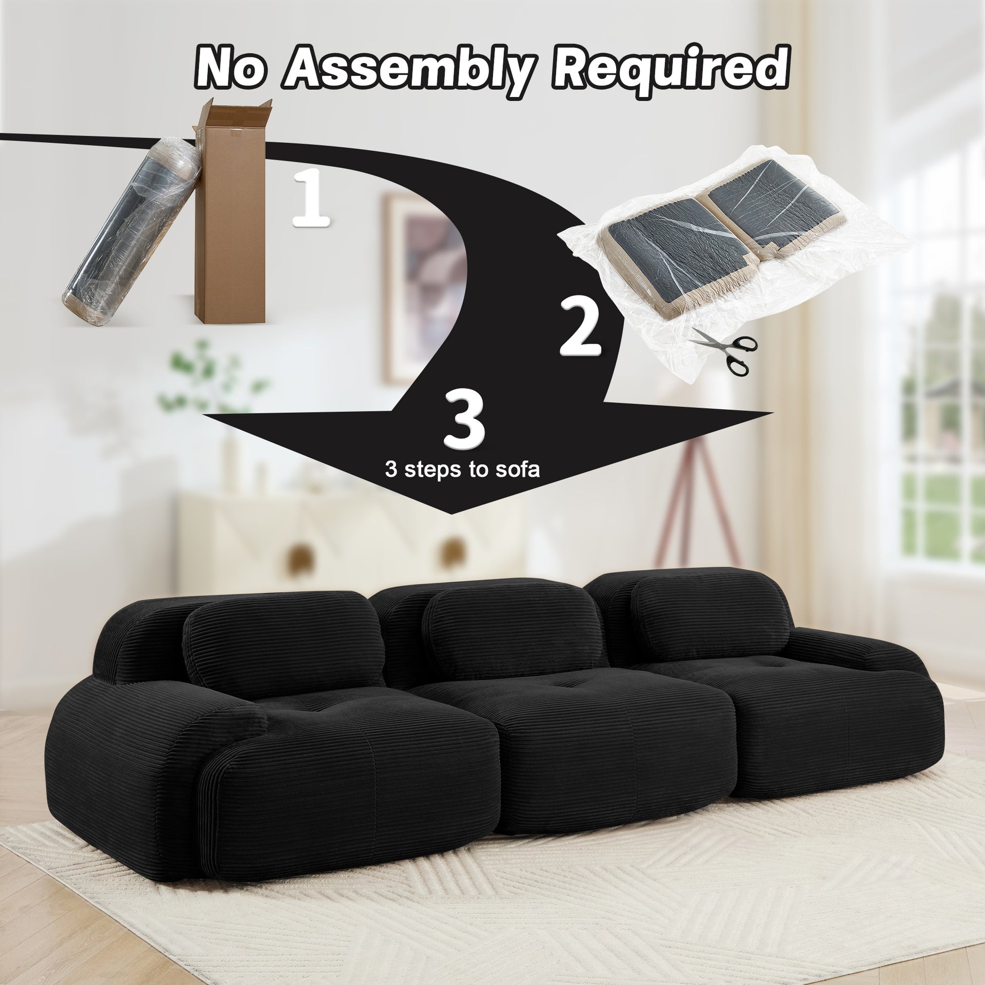 3-seat sofa premiumCorduroy Fabric fabric modular multi-combination anti-slip design no assembly curved armrests ergonomic support high-resilience sponge for living rooms bedrooms,Black