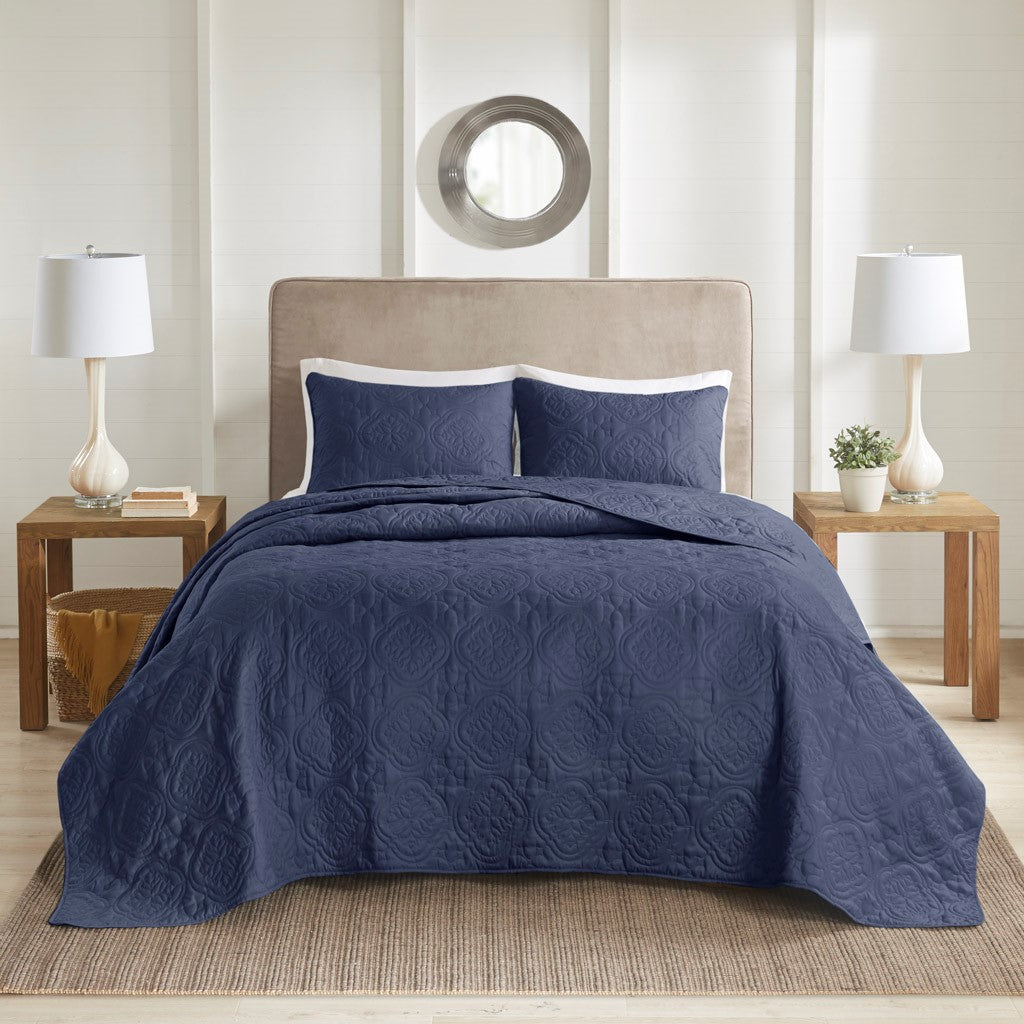 3 Piece Reversible Bedspread Set Navy King/Cal King