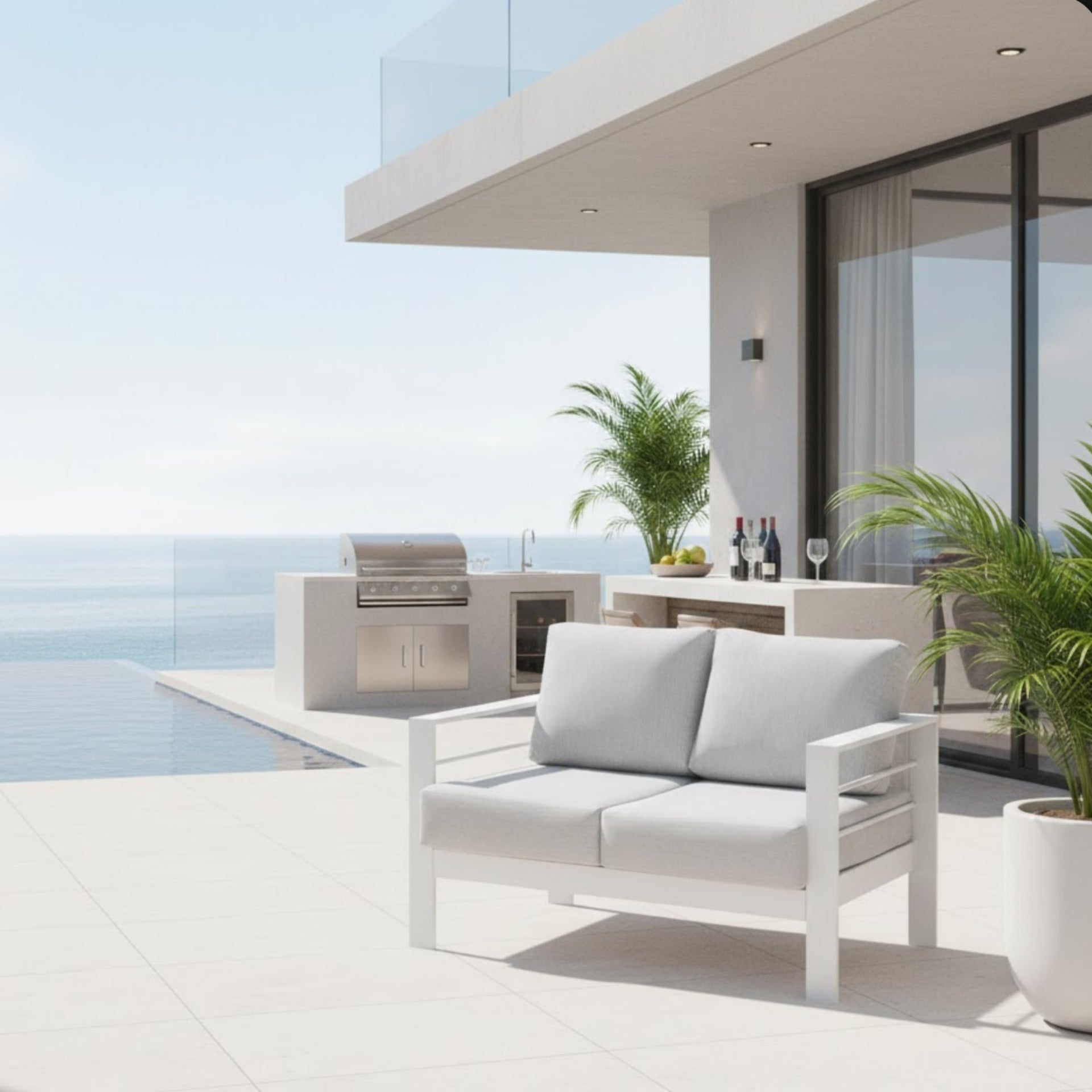 50" All-Weather Aluminum Patio Loveseat with Thick Light Gray Cushions & White Frame
