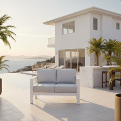 50" All-Weather Aluminum Patio Loveseat with Thick Light Gray Cushions & White Frame