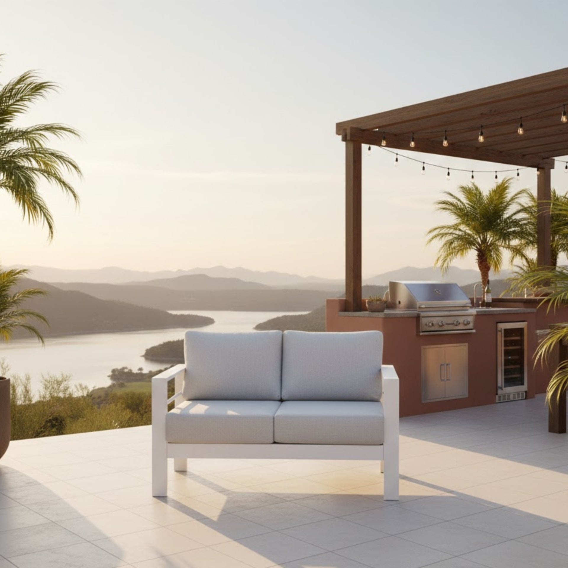 50" All-Weather Aluminum Patio Loveseat with Thick Light Gray Cushions & White Frame