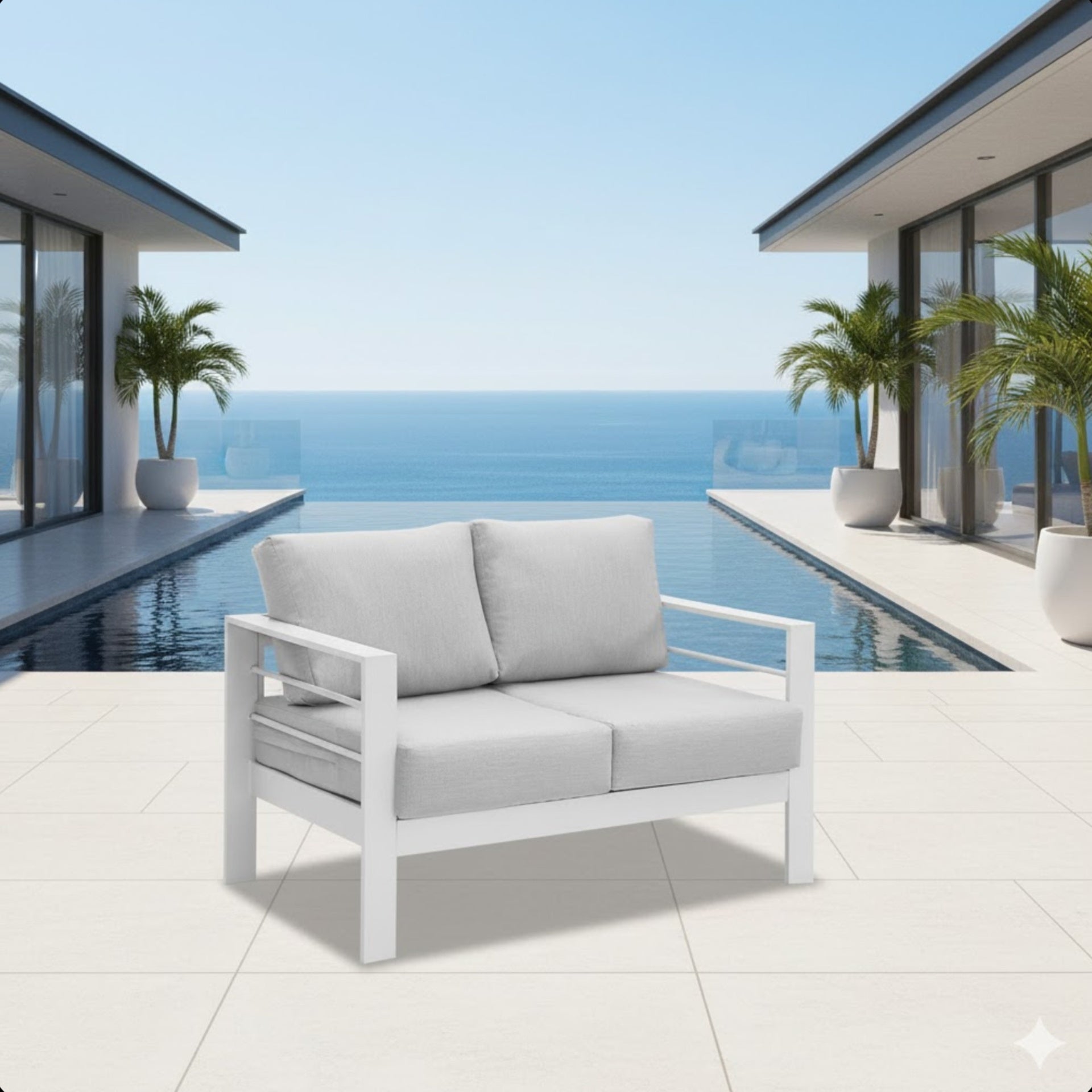 50" All-Weather Aluminum Patio Loveseat with Thick Light Gray Cushions & White Frame
