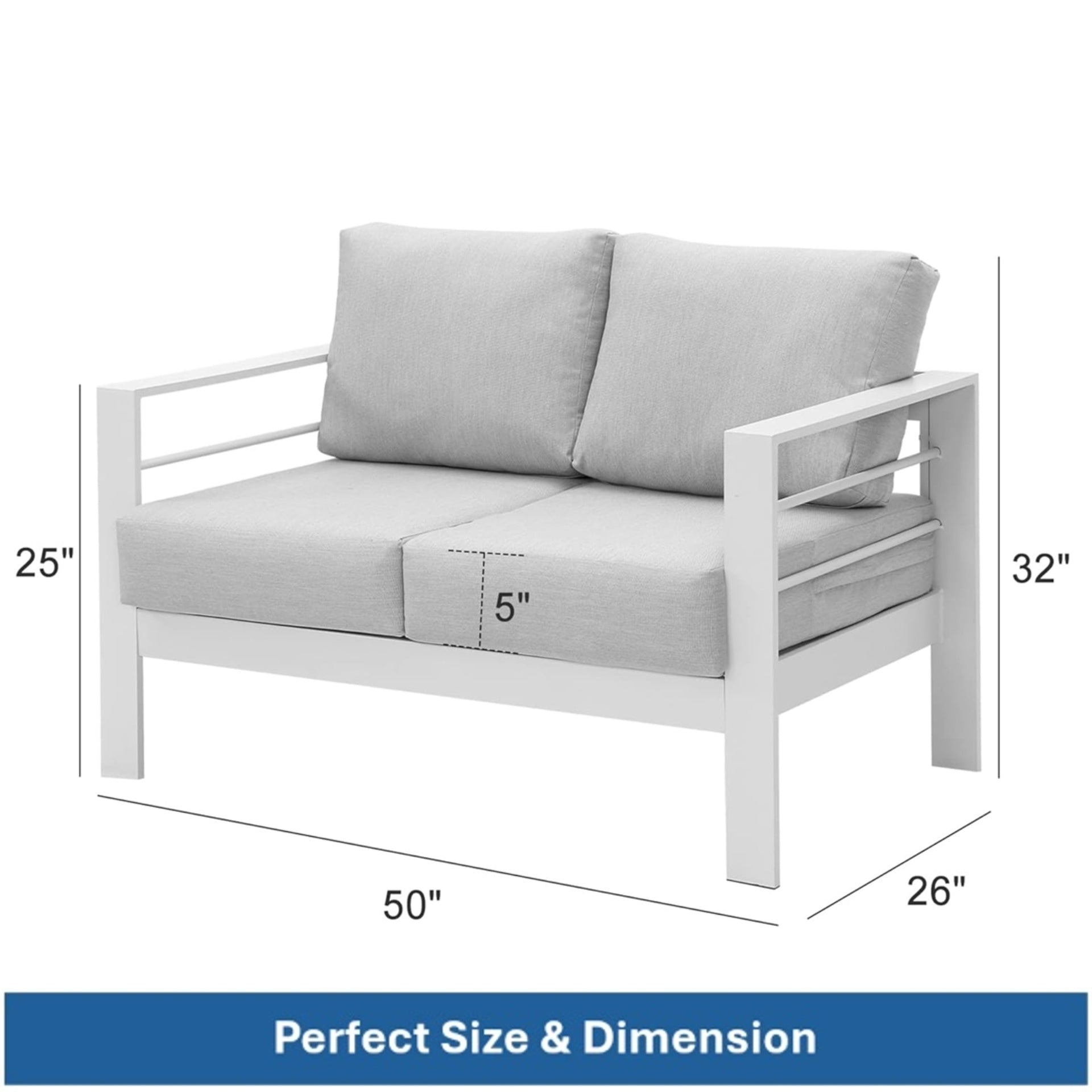 50" All-Weather Aluminum Patio Loveseat with Thick Light Gray Cushions & White Frame