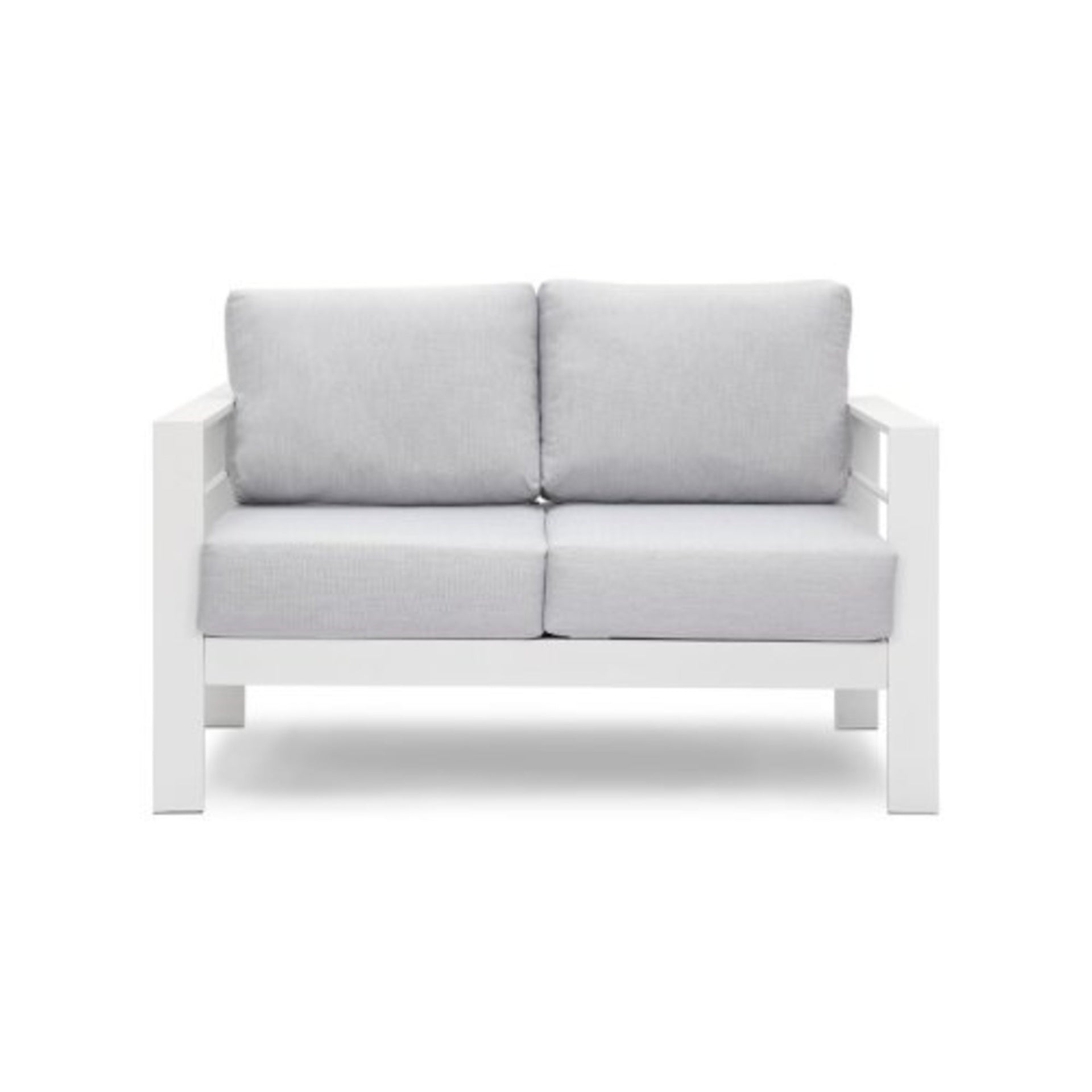 50" All-Weather Aluminum Patio Loveseat with Thick Light Gray Cushions & White Frame
