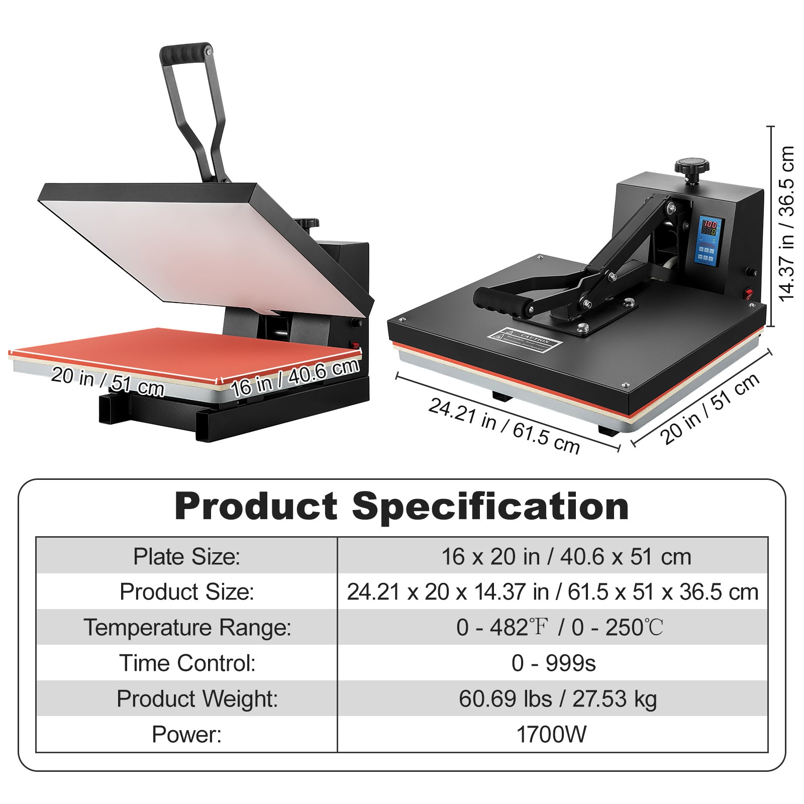 Heat Press 16x20, 1700W Power Heat Press Machine, Fast Heating, High Pressure Heat Press Machine for T-Shirt, Digital Industrial Sublimation Printer for Heat Transfer Vinyl, Easy to Use, Black