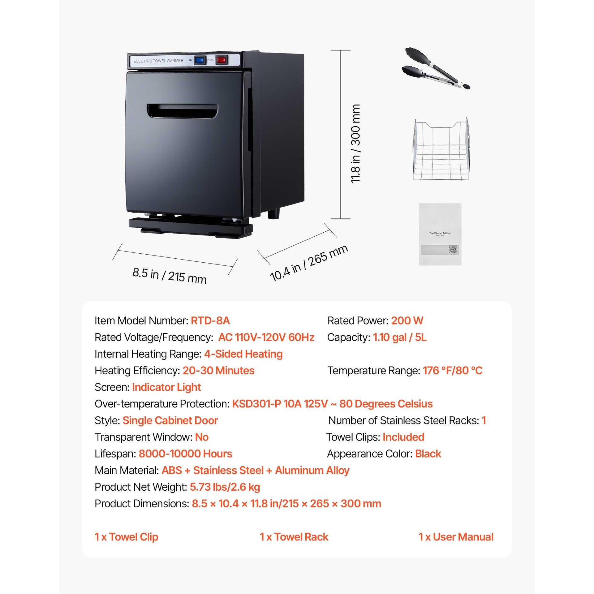 Hot Towel Warmer, 1.1 gal Small Towel Warmer Cabinet with Clip & Stainless Steel Rack, Holds up 8-12 Towels, Portable All-Round Heating Cabinet for Spa, Barber, Manicures, Massage, Salon, Black