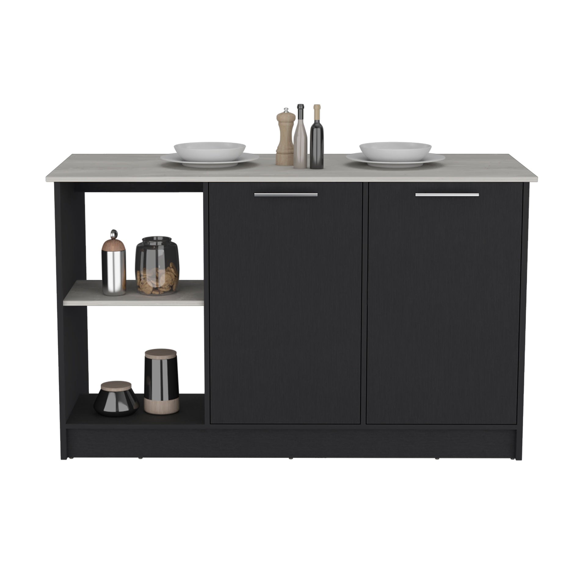 Kitchen Island with Large Countertop, Open Storage Shelves and Double Door Cabinet, Black / Onyx