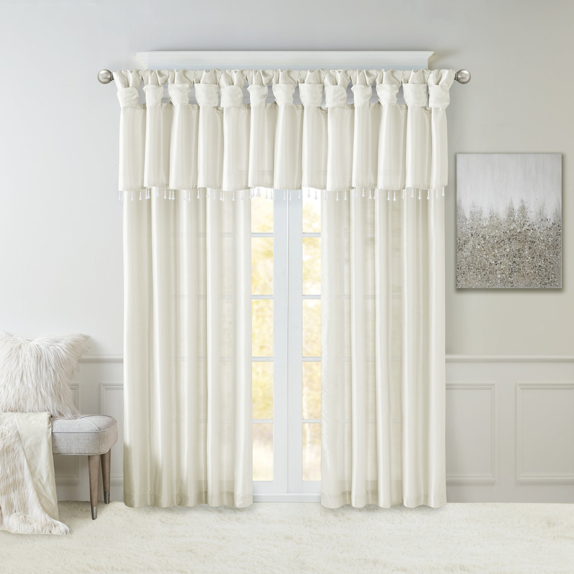 Lightweight Faux Silk Valance With Beads White 50x26"