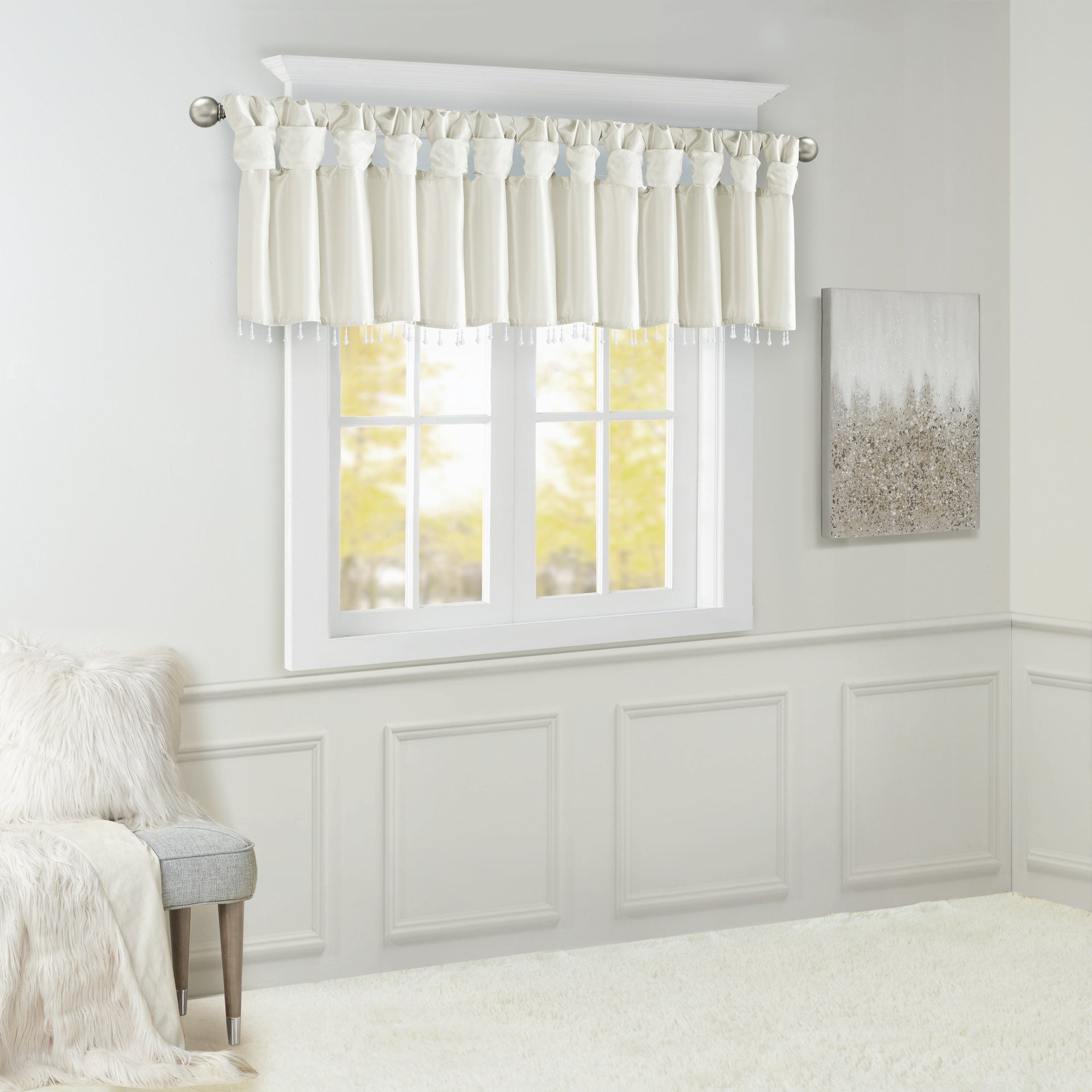 Lightweight Faux Silk Valance With Beads White 50x26"