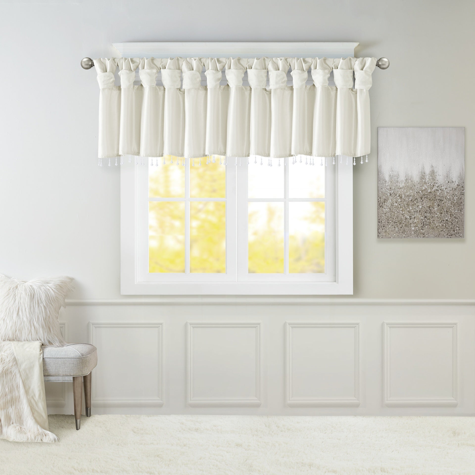 Lightweight Faux Silk Valance With Beads White 50x26"