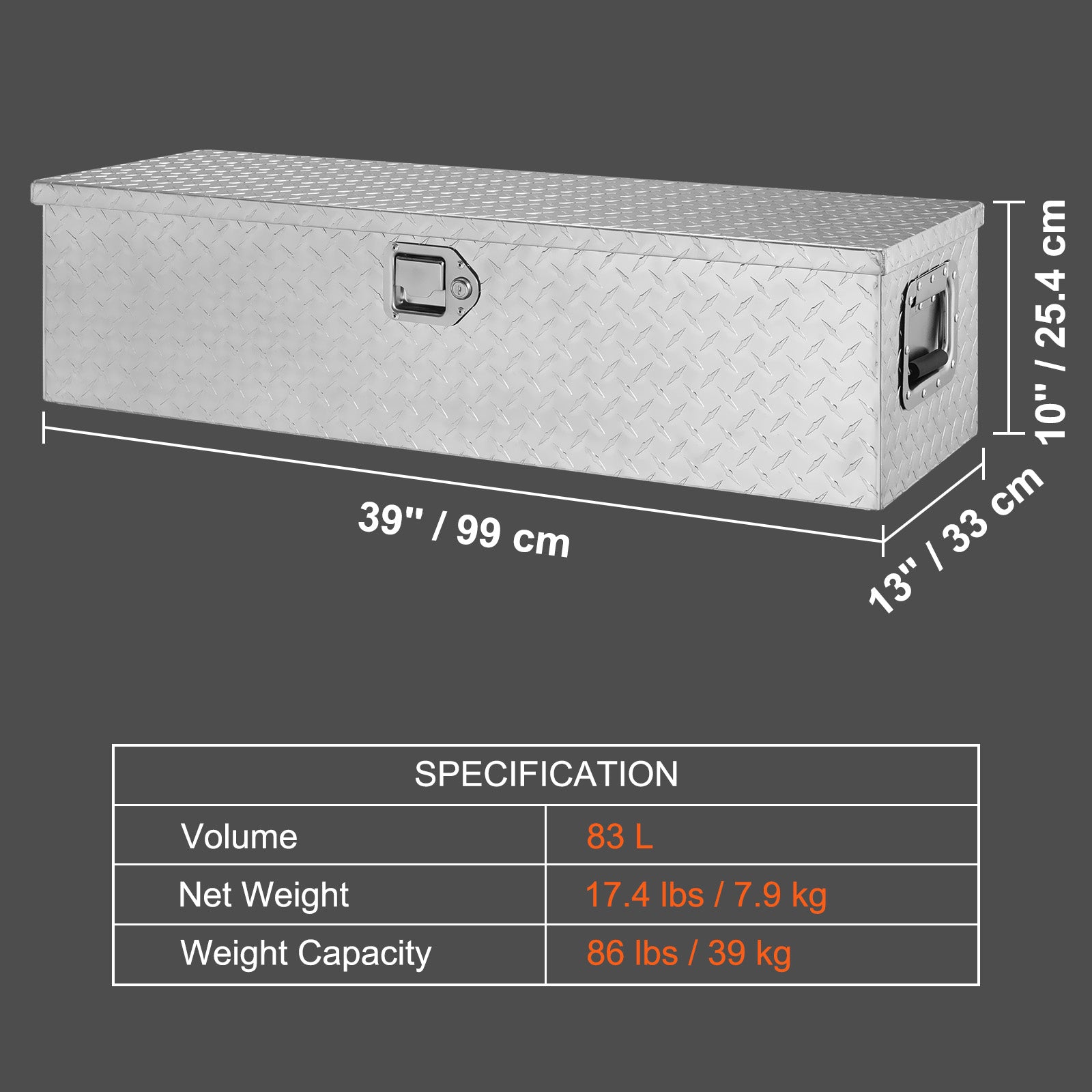 Heavy Duty Aluminum Truck Bed Tool Box, Diamond Plate Tool Box with Side Handle and Lock Keys, Storage Tool Box Chest Box Organizer for Pickup, Truck Bed, RV, Trailer, 39"x13"x10", Silver