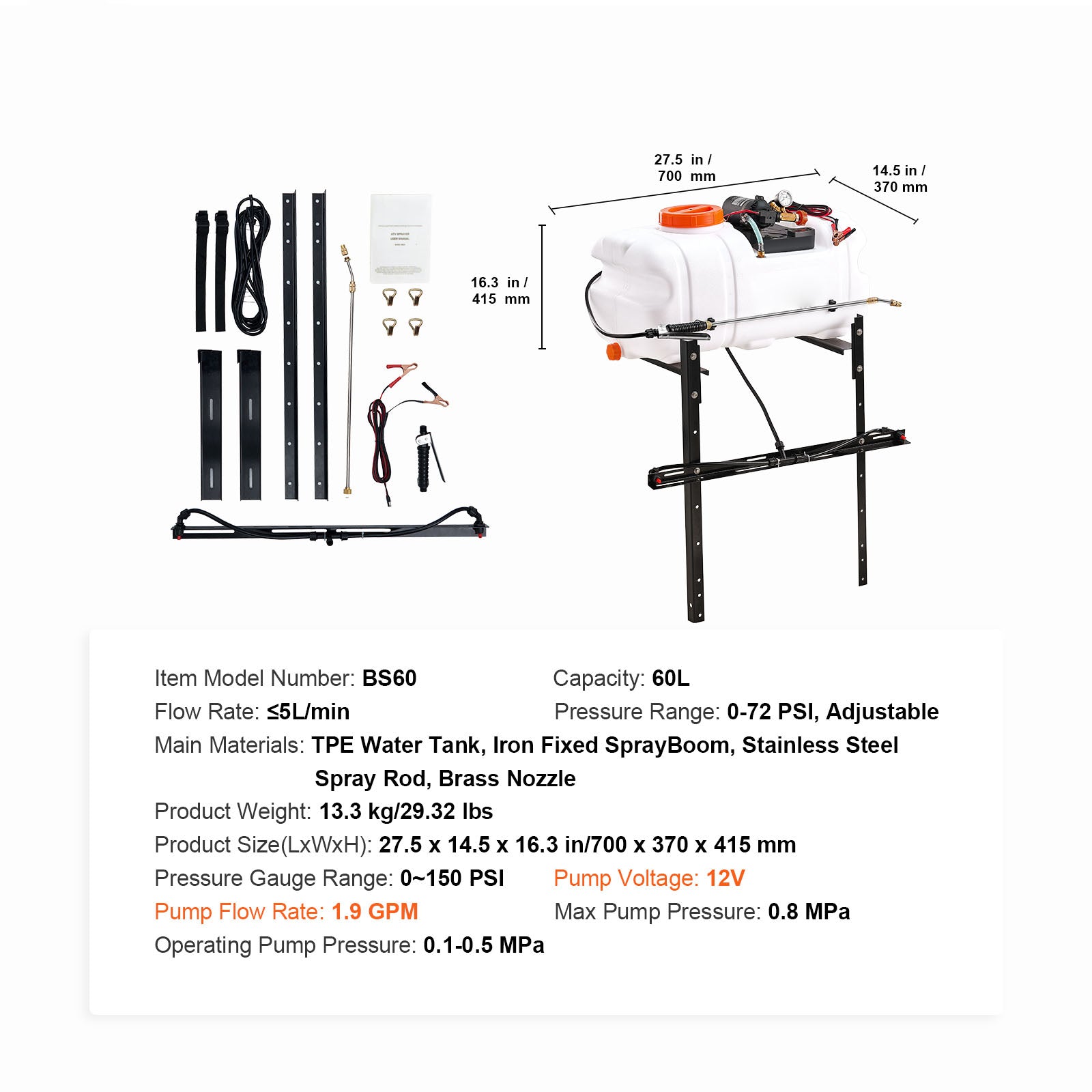 ATV Spot Sprayer, 15.9 Gal/60 L ATV/UTV Broadcast Sprayer with A Nozzle Boom, 12 V Pump Weed Sprayer with Water Tank, 1.9 GPM Flow Rate, Adjustable 0-72 PSI, 20FT Hose, White