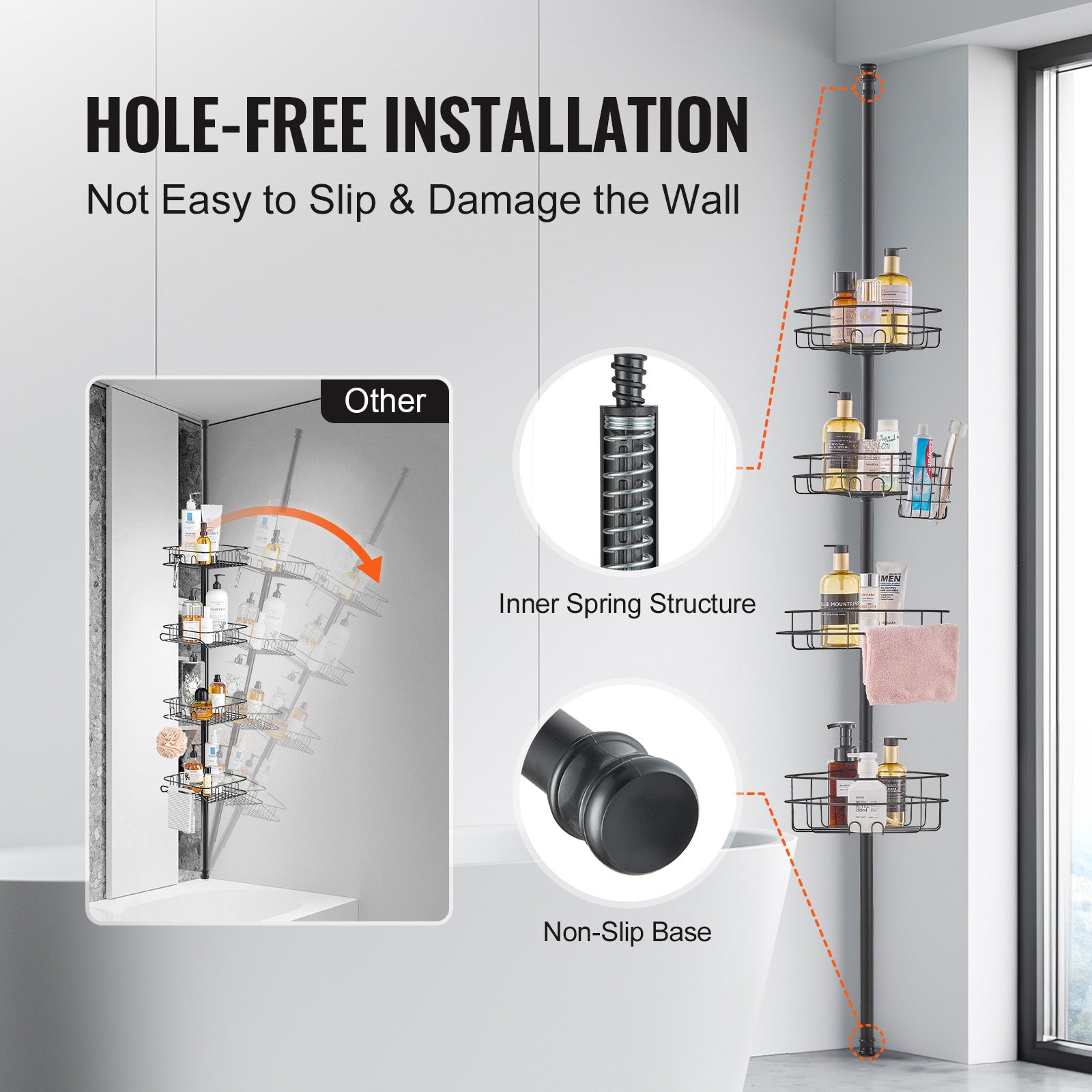 56" to 114" High Shower Corner Caddy Tension Pole Rust-Proof Tension Pole