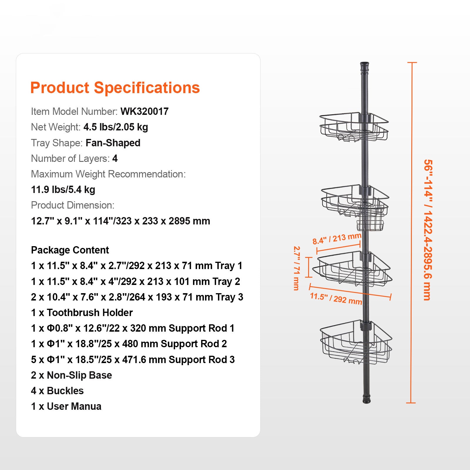 56" to 114" High Shower Corner Caddy Tension Pole Rust-Proof Tension Pole