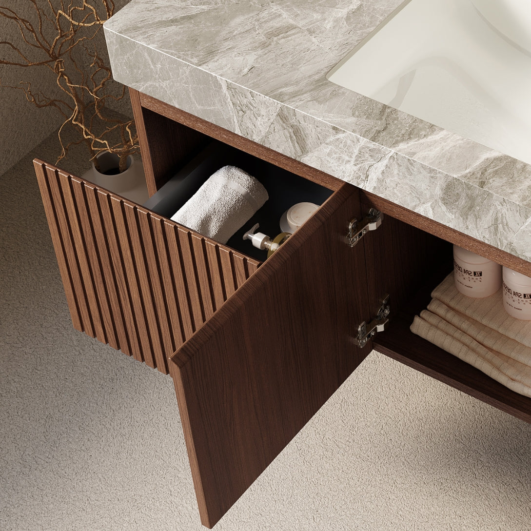 48" MURI Brown Oak Woodgrain Plywood Cabinet with Double Doors and One Drawer, NO Basin and Top, NO Faucet and Sink Cover
