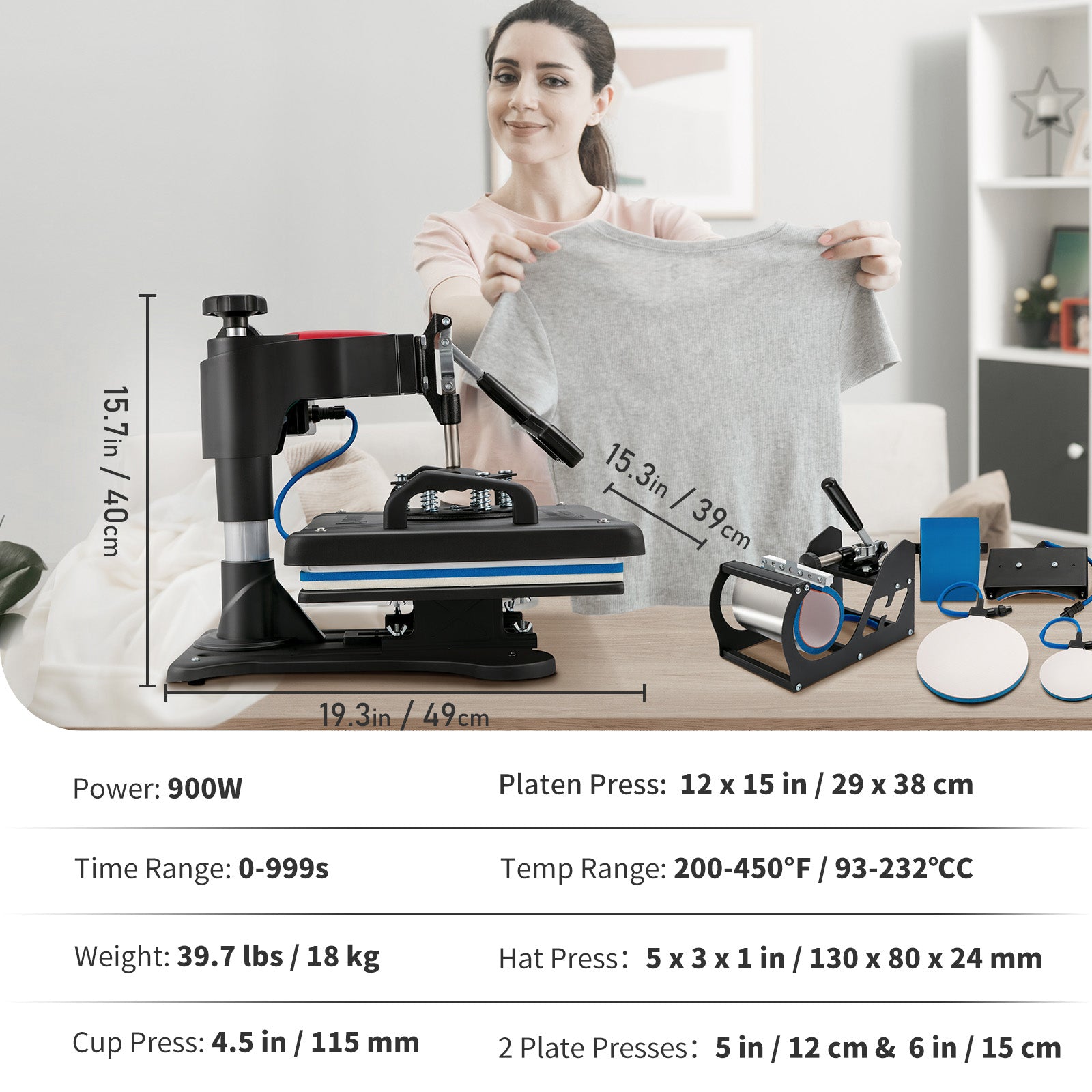 Heat Press, 5 in 1 Heat Press Machine Machine 12x15, Clamshell Sublimation Transfer Printer Fast Heat-up, Digital Precise Temperature Control, Vinyl Heat Press for T-Shirt Plate Mug Cup, 900W