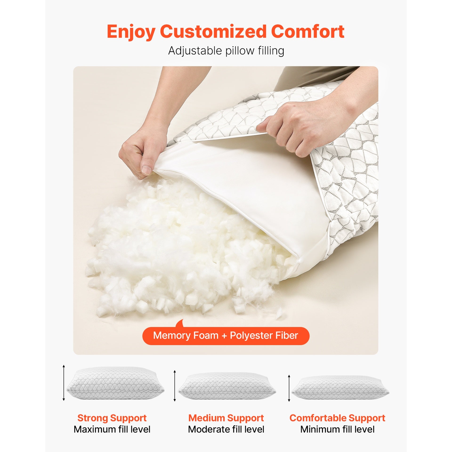 Bed Pillow for Sleeping, Queen Size Luxury Quality Hotel Pillow with Memory Foam Fill, Supportive & Adjustable, Includes Natural Firber Pillowcase, Bedding for Back, Stomach and Side Sleepers
