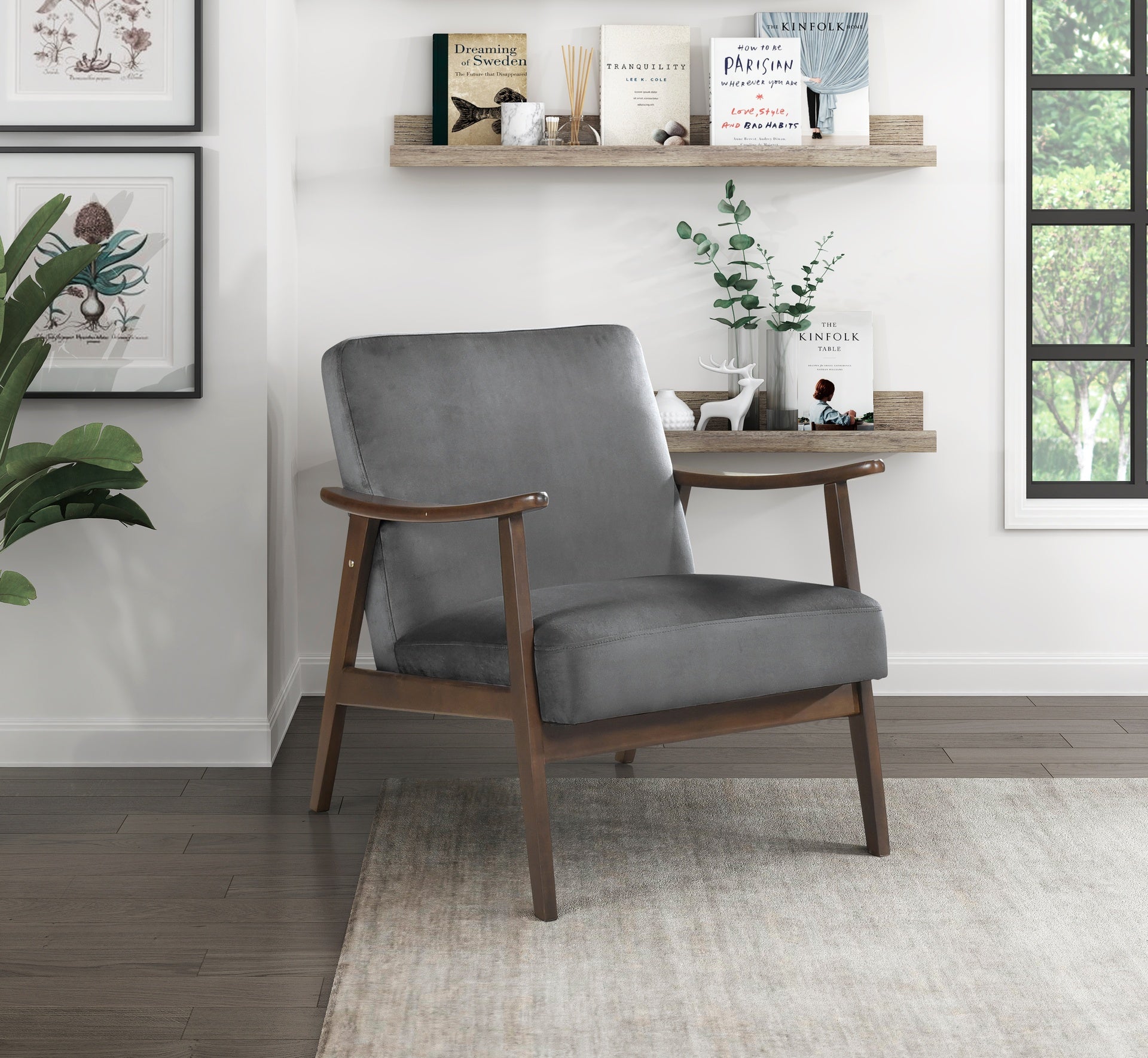 Mid-Century Modern Design 1pc Accent Chair Dark Gray Velvet Upholstery Dark Walnut Finish Wood, High-Resiliency Foam Cushions