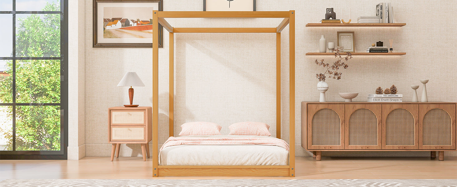 Queen Size Canopy Platform Bed with Support Legs,Natural