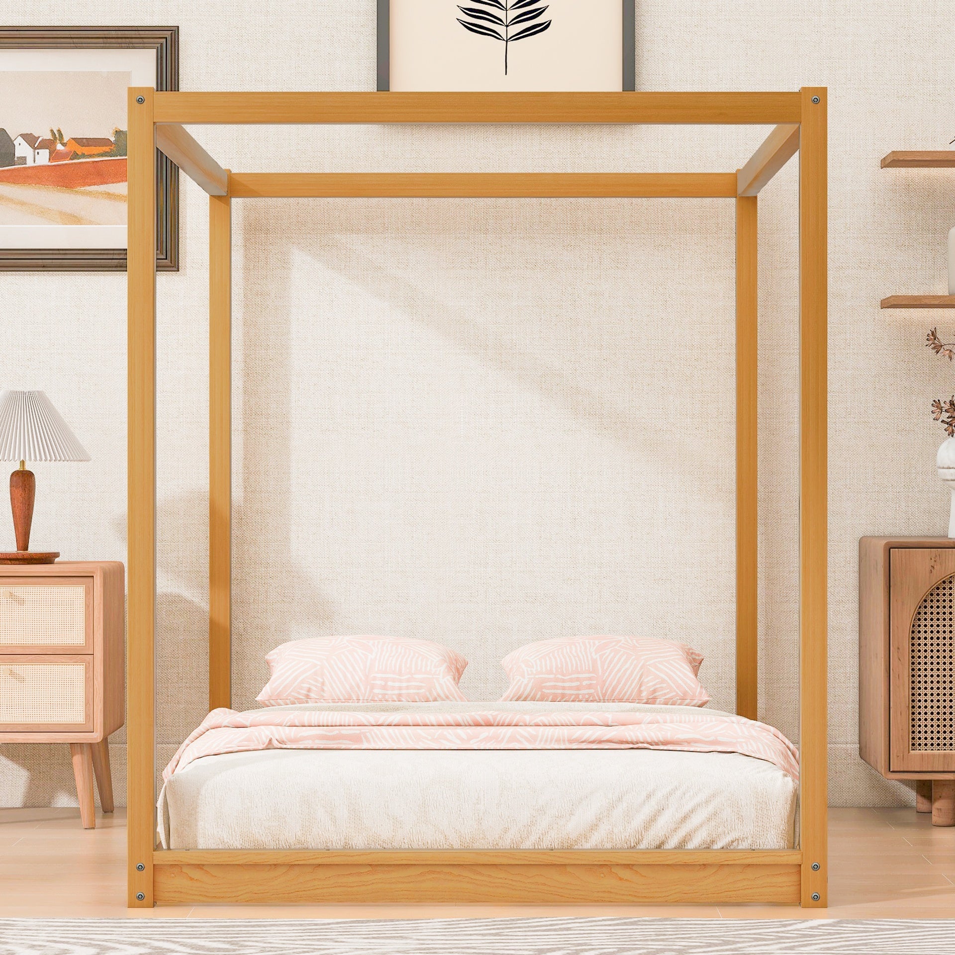 Queen Size Canopy Platform Bed with Support Legs,Natural