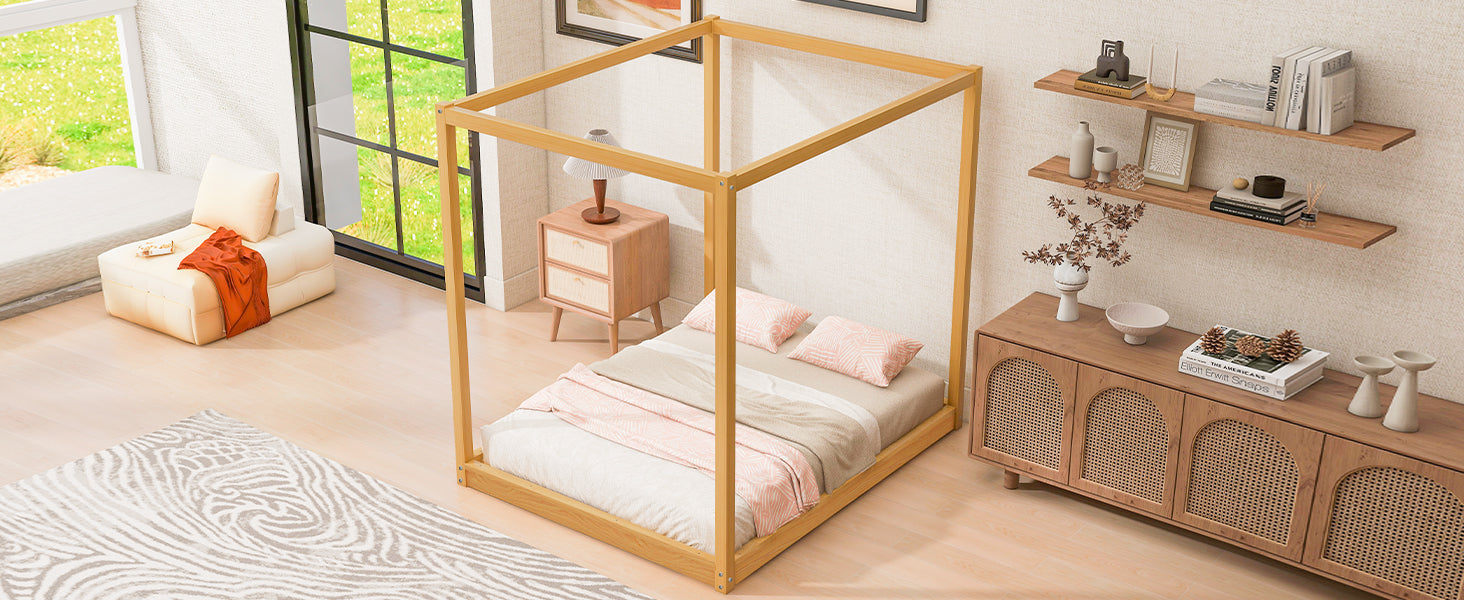 Queen Size Canopy Platform Bed with Support Legs,Natural