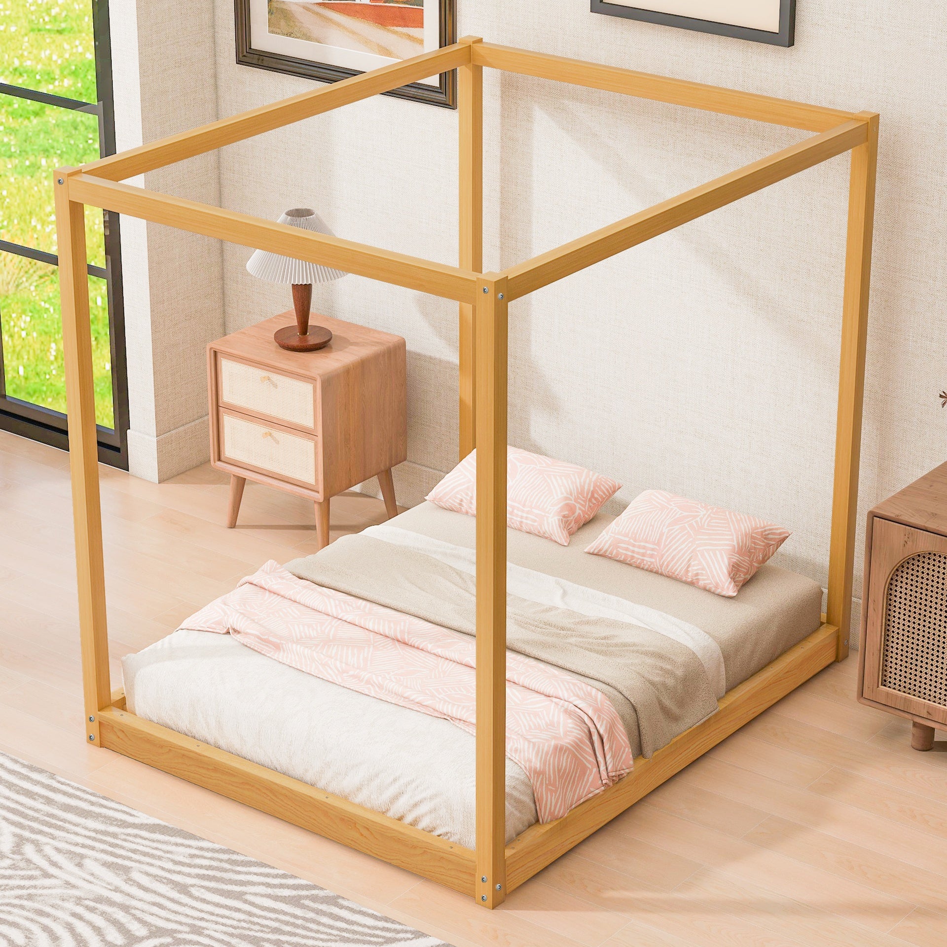Queen Size Canopy Platform Bed with Support Legs,Natural