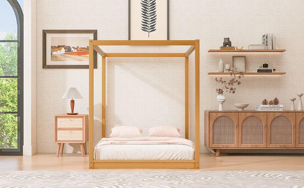 Queen Size Canopy Platform Bed with Support Legs,Natural