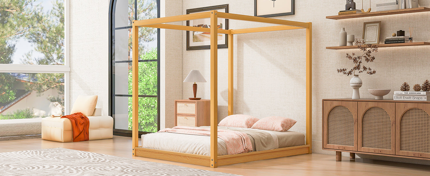 Queen Size Canopy Platform Bed with Support Legs,Natural