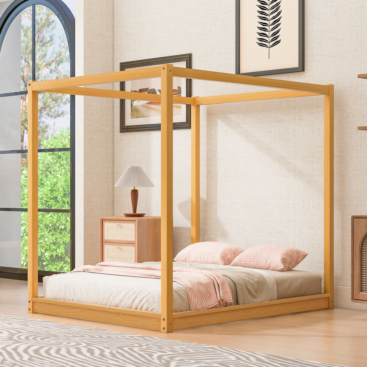 Queen Size Canopy Platform Bed with Support Legs,Natural