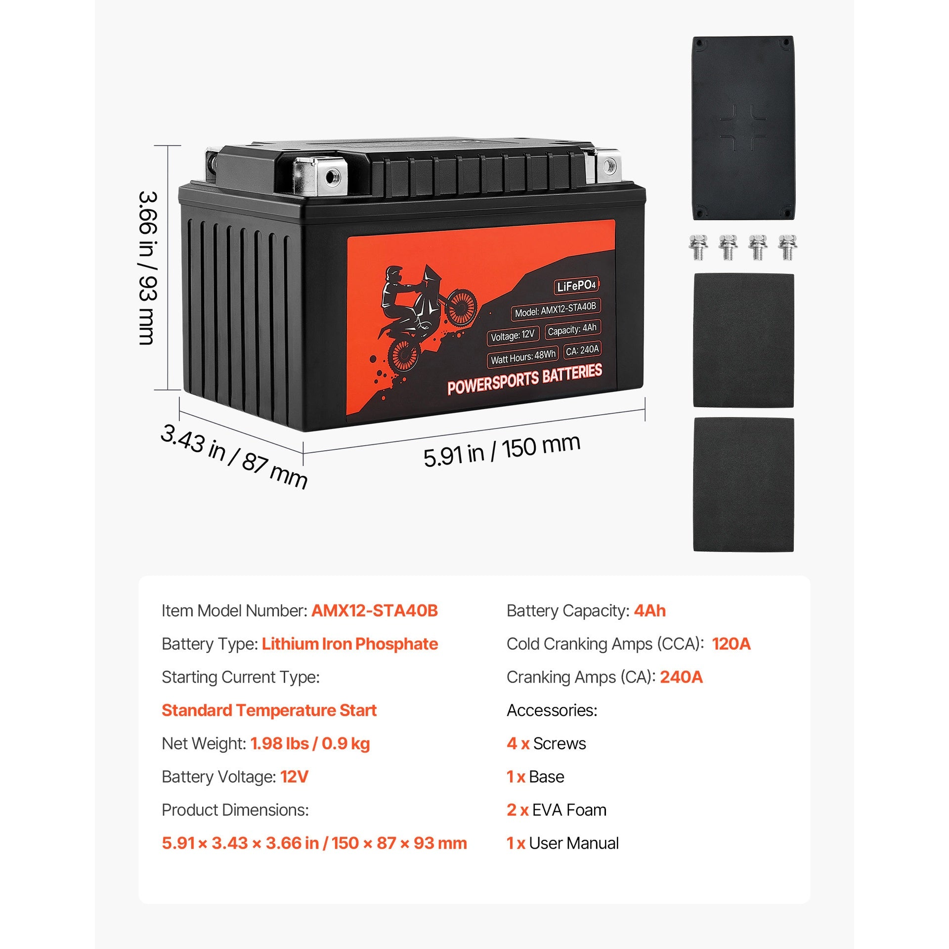 Motorcycle Battery 12V 4Ah YTX12-BS High Performance Powersports Battery