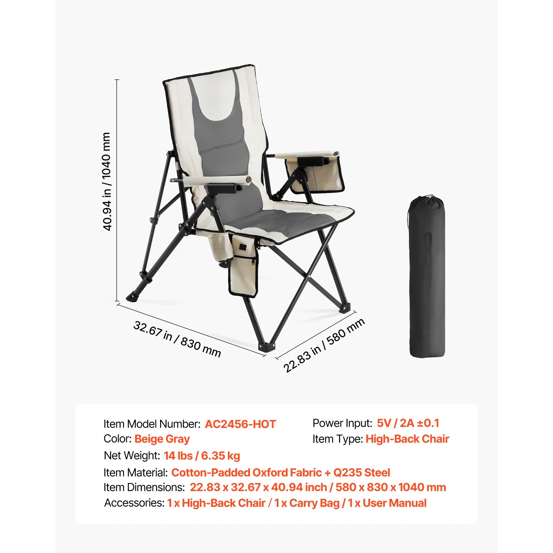 Heated Camping Chair, 3 Heat Settings, High Back Folding Camping Chair, Supports 260lbs, Full Padded Beach Chairs with Armrest & Cupholder, Portable Lawn Chairs for Outdoor Sports Travel