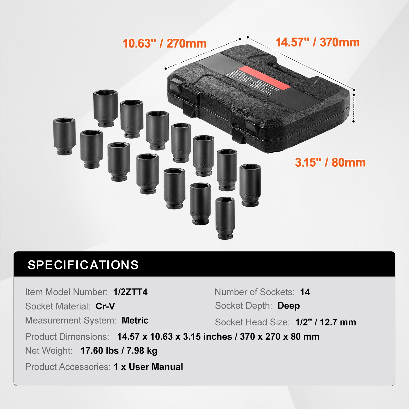 Axle Nut Impact Socket Set 1/2" Drive Deep 6+12-Point 14PCS Metric Socket