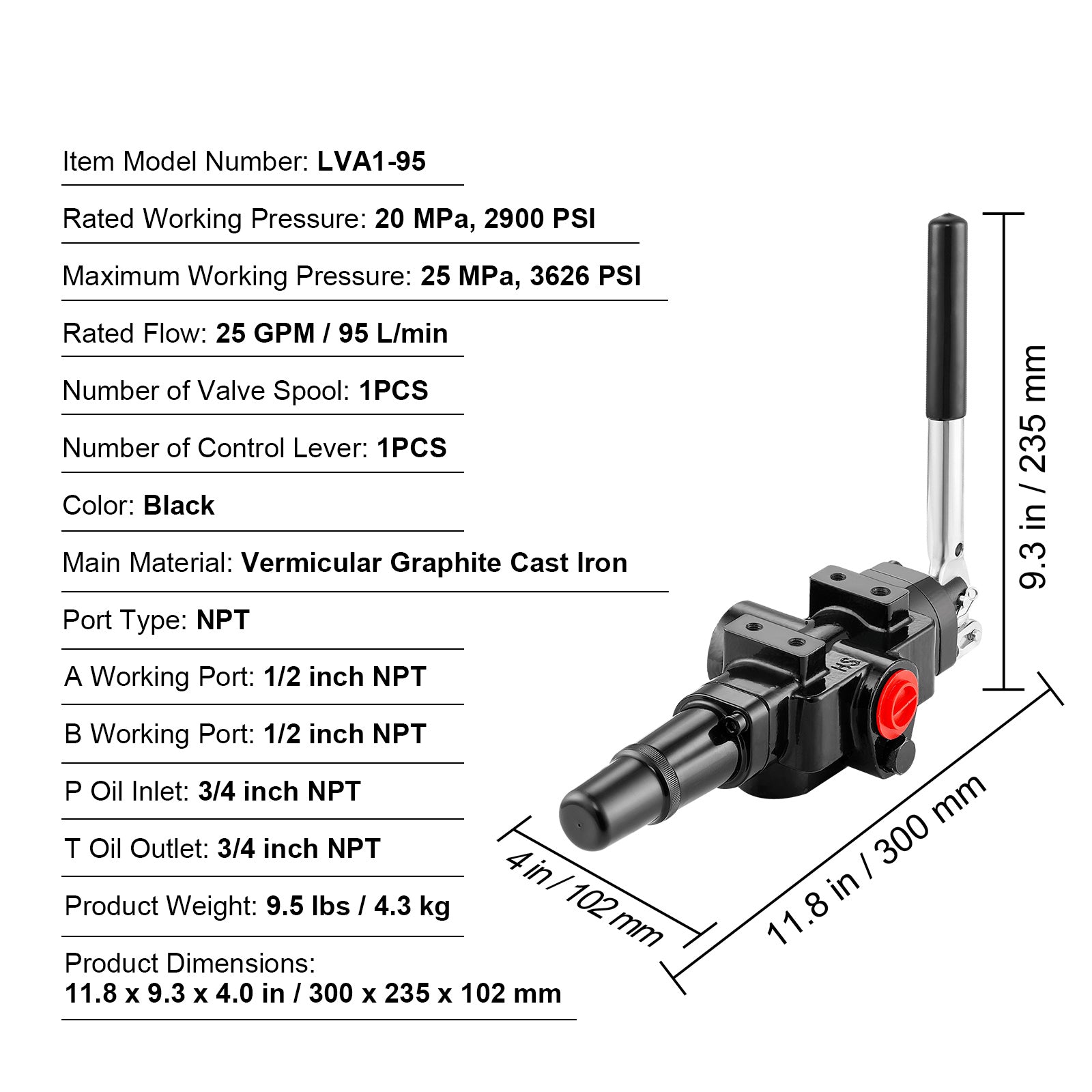 Hydraulic Valve 1 Spool, 25 GPM Hydraulic Directional Control Valve, 25 Mpa / 3626 PSI Hydraulic Loader Valve, Solid Cast Iron Directional Control Valve for Small Tractors, Loaders, Log Splitter