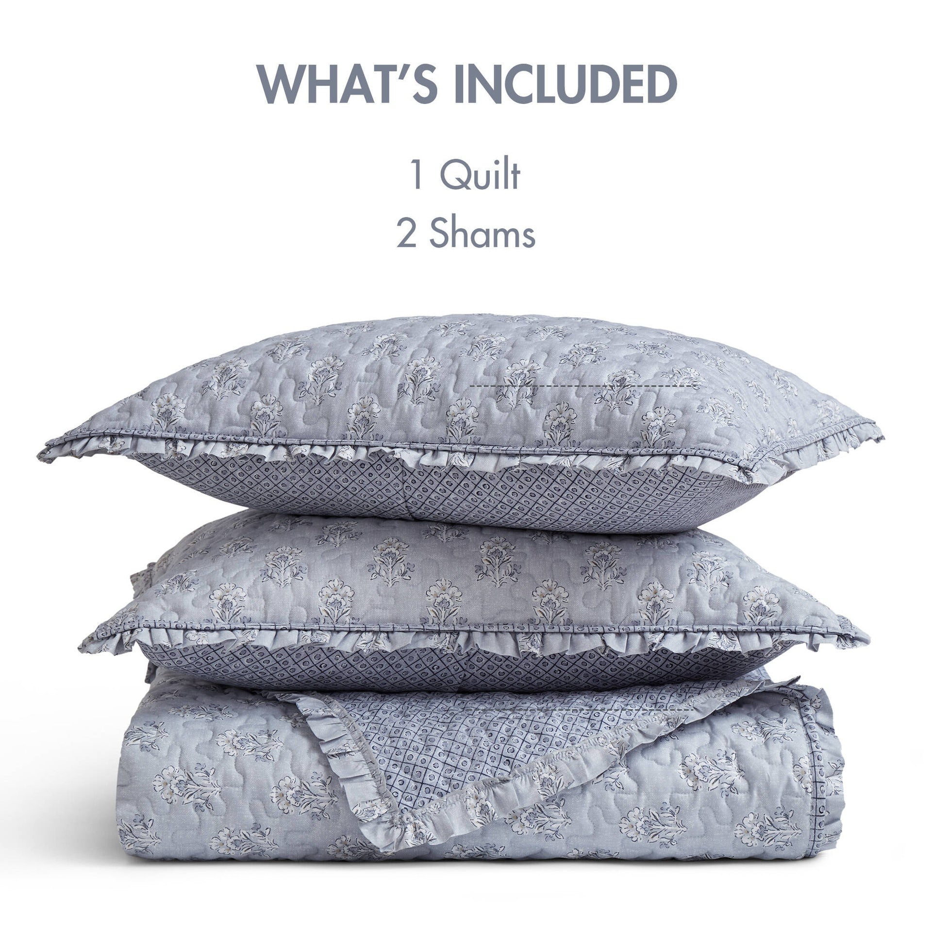 3-Piece King/Cal King 3 Piece Ruffle Printed Quilt Set,Blue