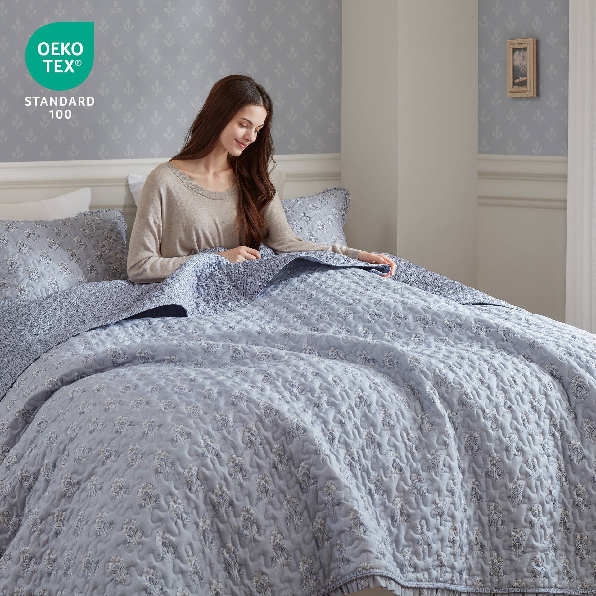 3-Piece King/Cal King 3 Piece Ruffle Printed Quilt Set,Blue