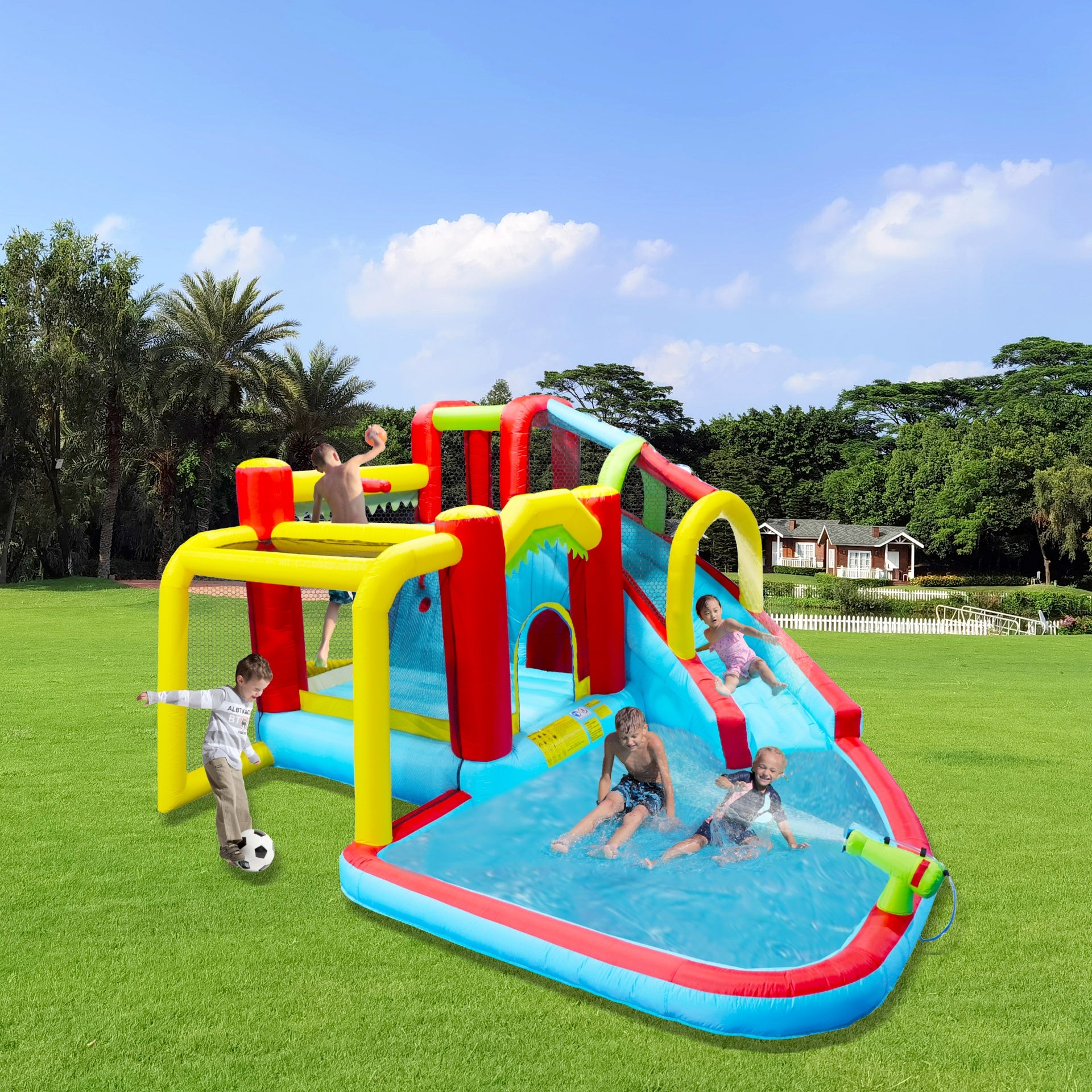 7 in1 Inflatable slide water park bouncing house outdoor Soccer garden bouncer with Splash pool  & Water gun & Climbing wall & Basketball & Football